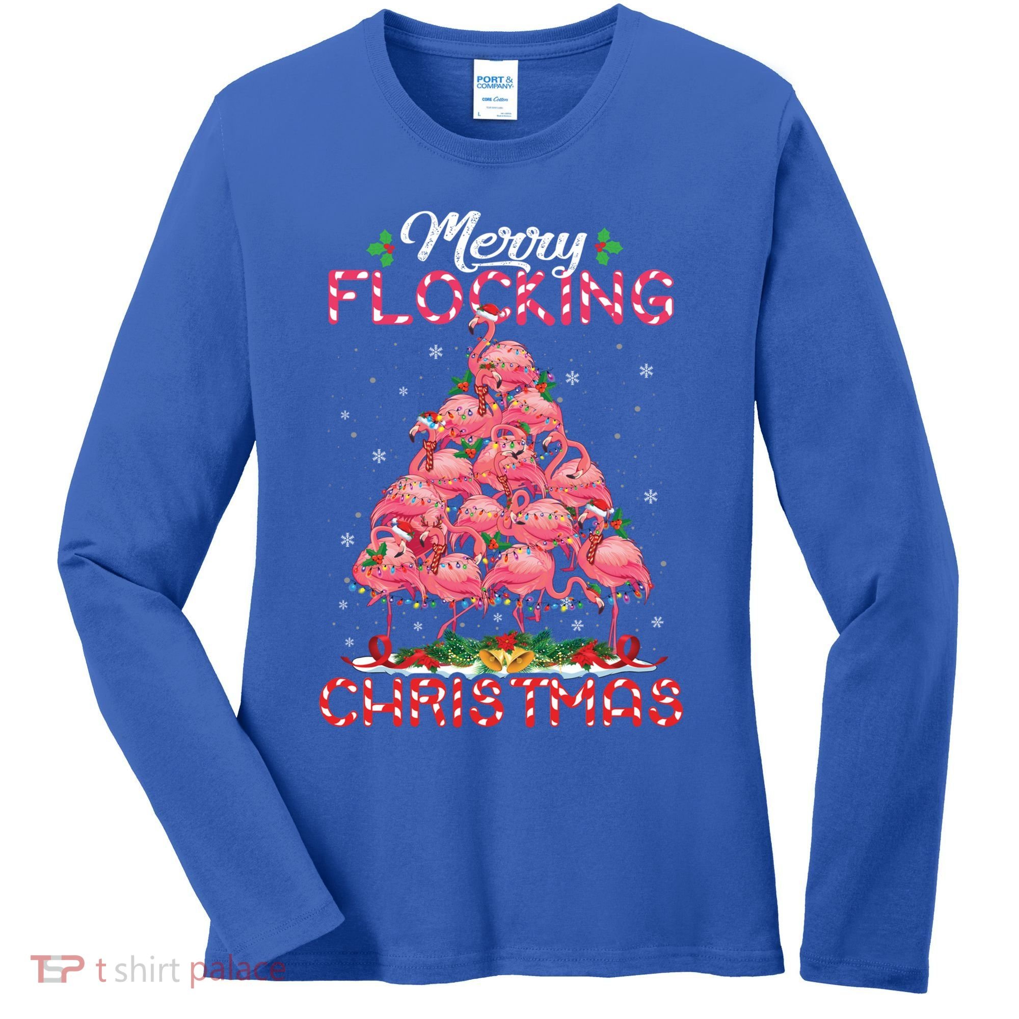 Flamingo Santa Hat Reindeer Xmas Merry Flocking Christmas Gift Women's Long Sleeve Shirt