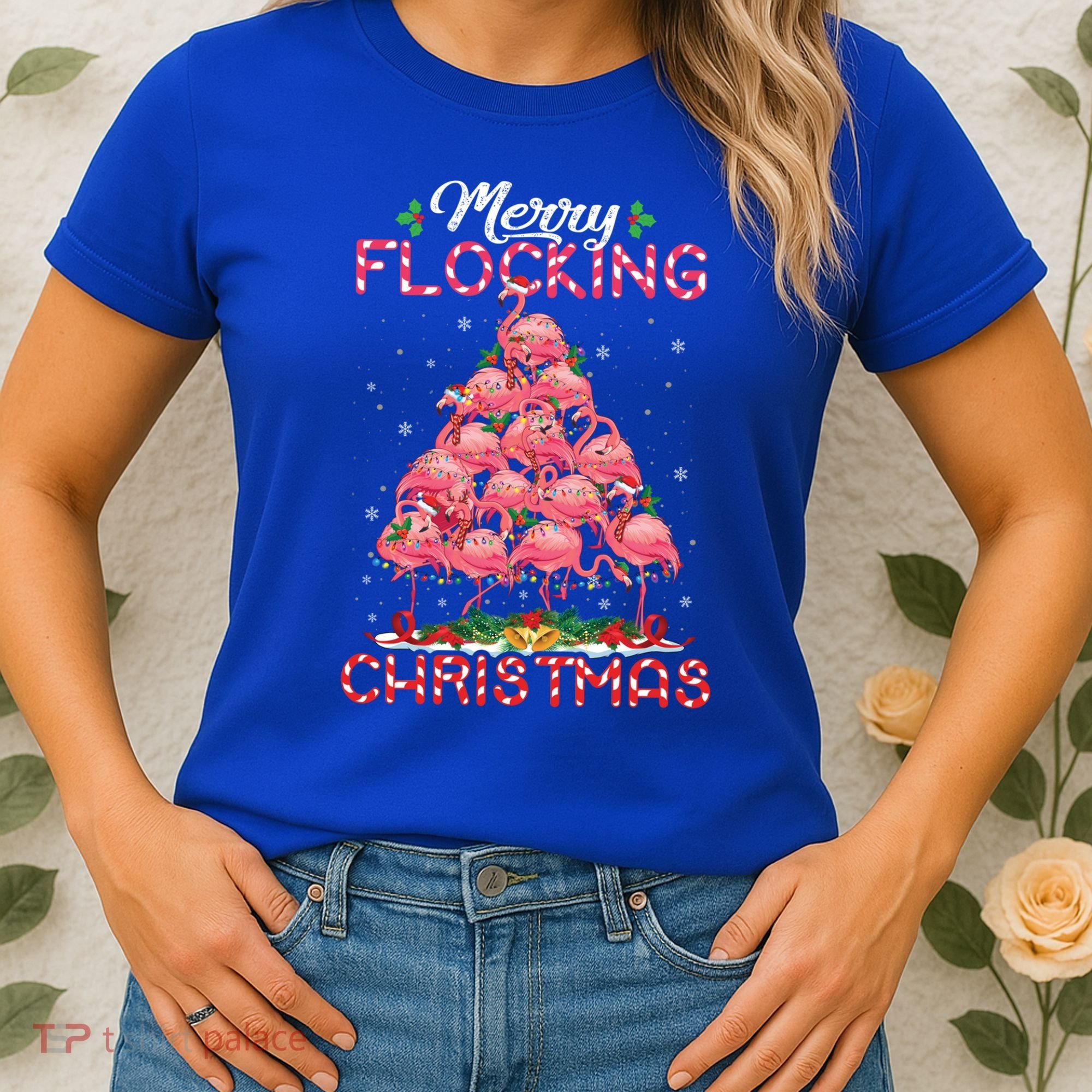 Flamingo Santa Hat Reindeer Xmas Merry Flocking Christmas Gift Women's T-Shirt