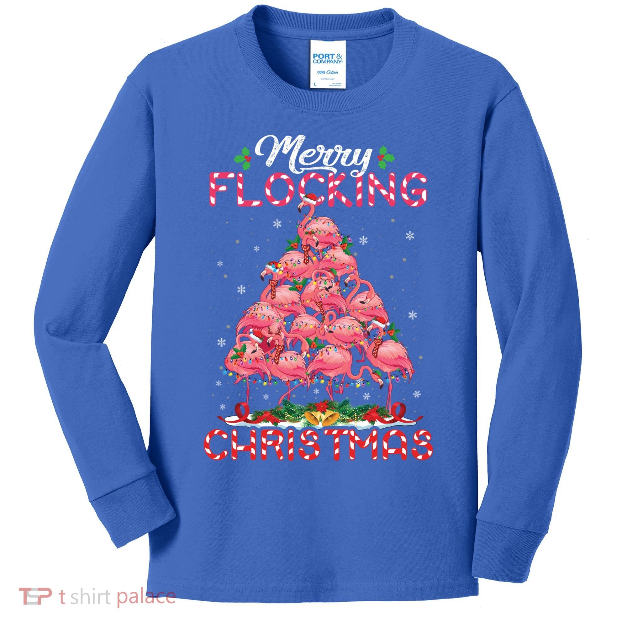 Flamingo Santa Hat Reindeer Xmas Merry Flocking Christmas Gift Kids Long Sleeve Shirt