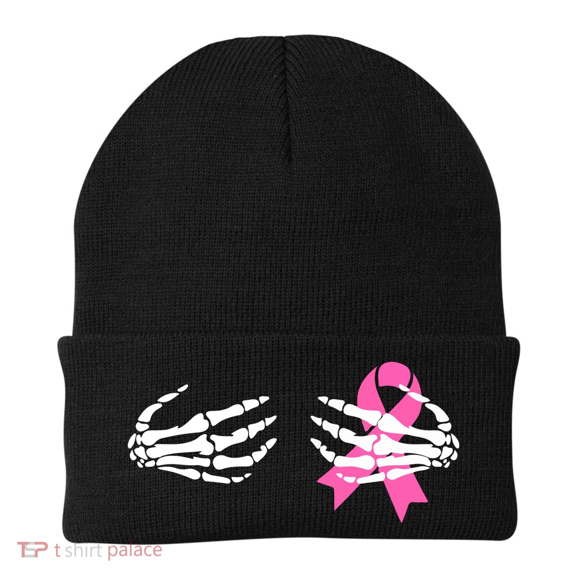 Funny Skeleton Hands Breast Cancer Awareness Pink Ribbon Gift Beanie