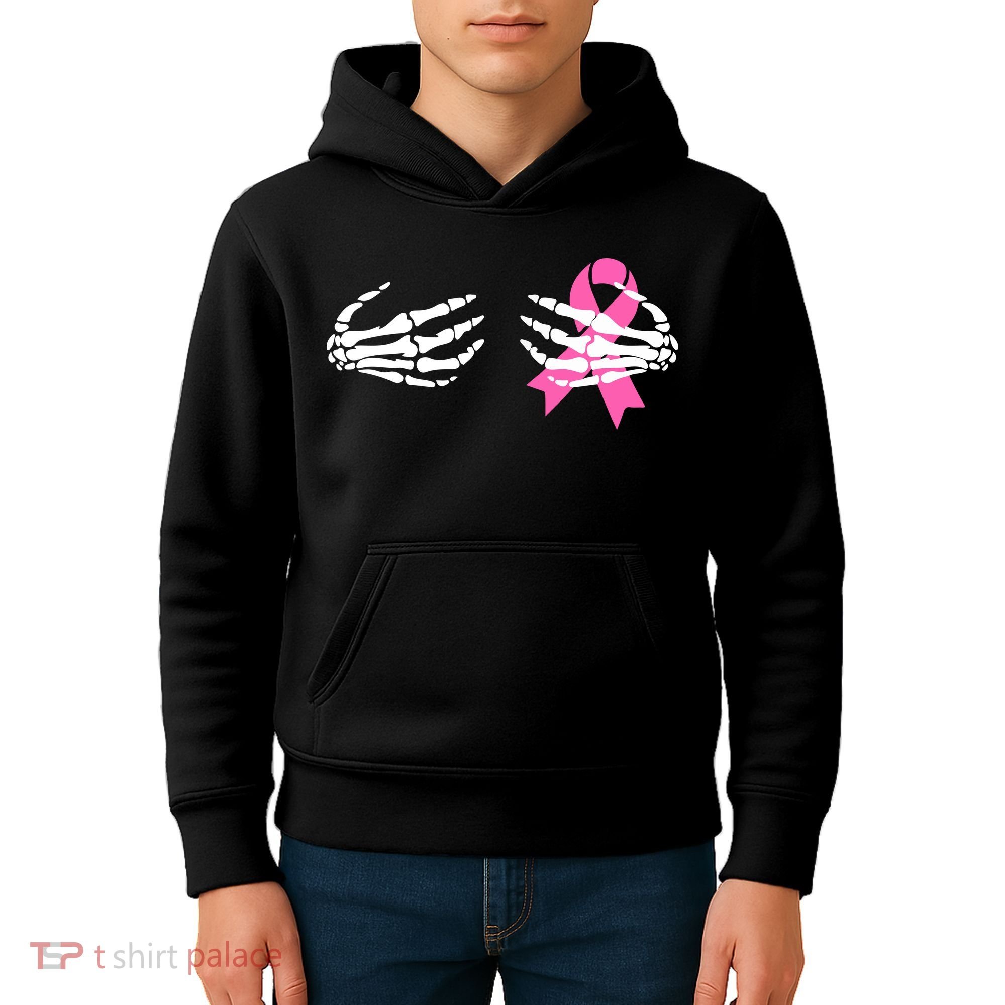Funny Skeleton Hands Breast Cancer Awareness Pink Ribbon Gift Kids Hoodie