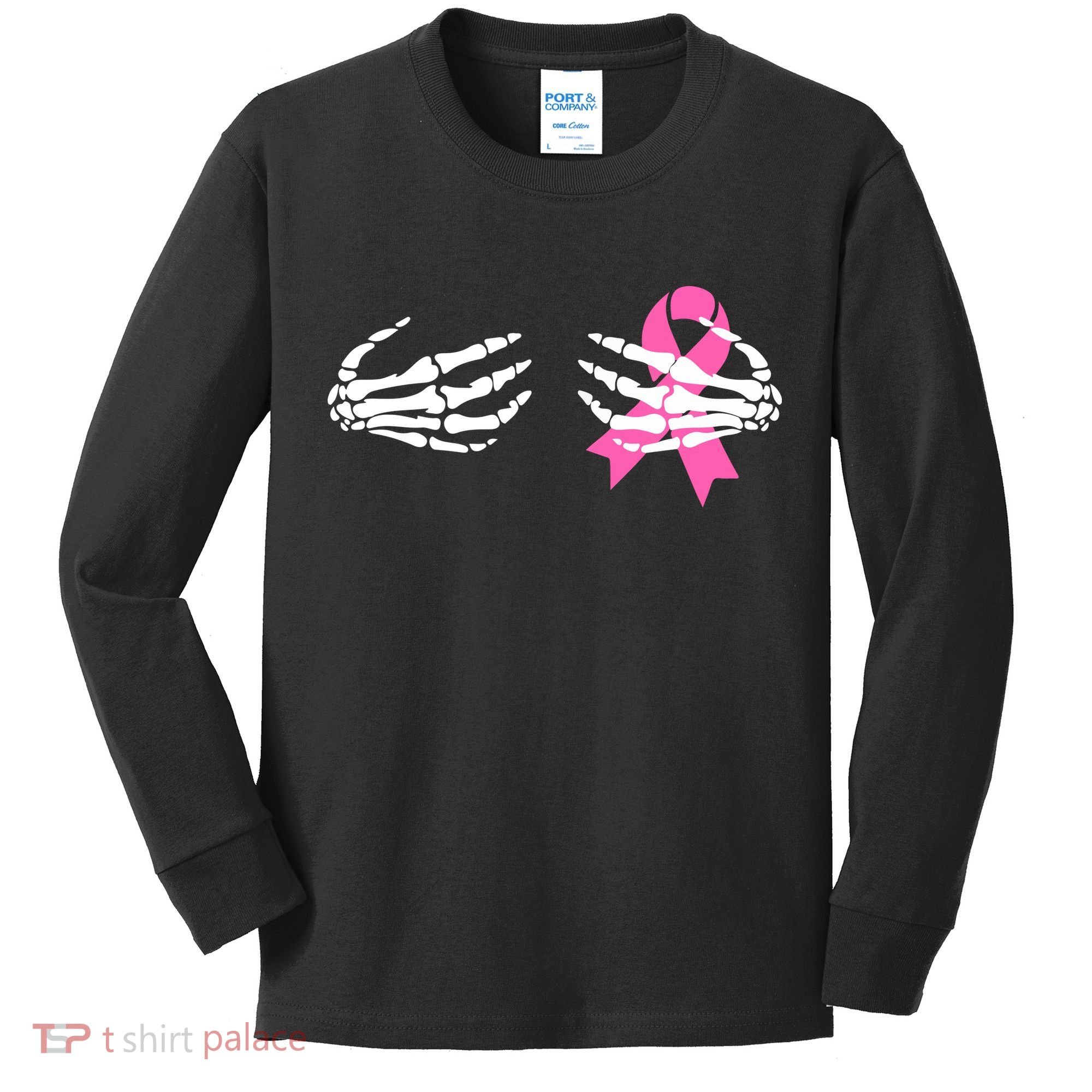 Funny Skeleton Hands Breast Cancer Awareness Pink Ribbon Gift Kids Long Sleeve Shirt