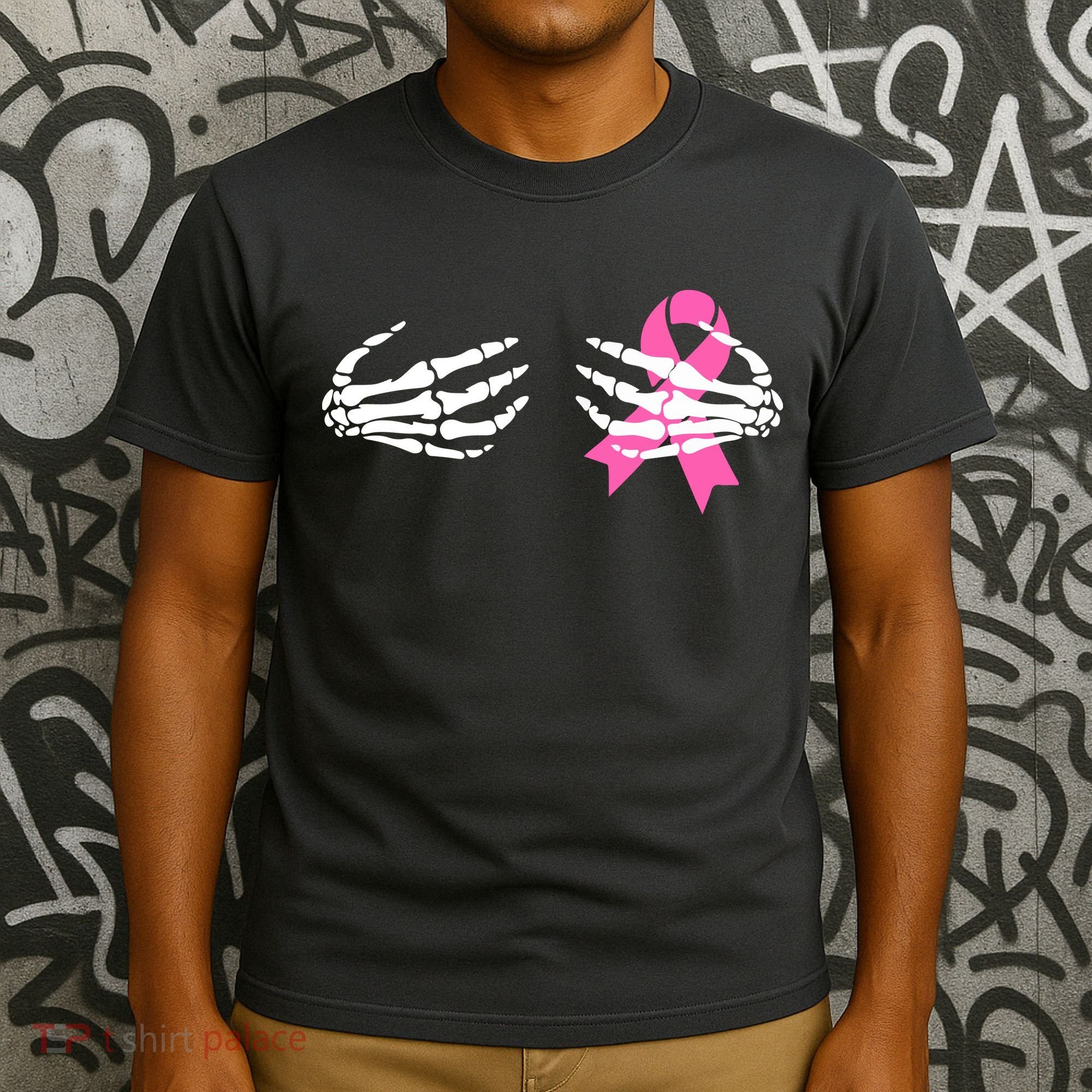 Funny Skeleton Hands Breast Cancer Awareness Pink Ribbon Gift T-Shirt