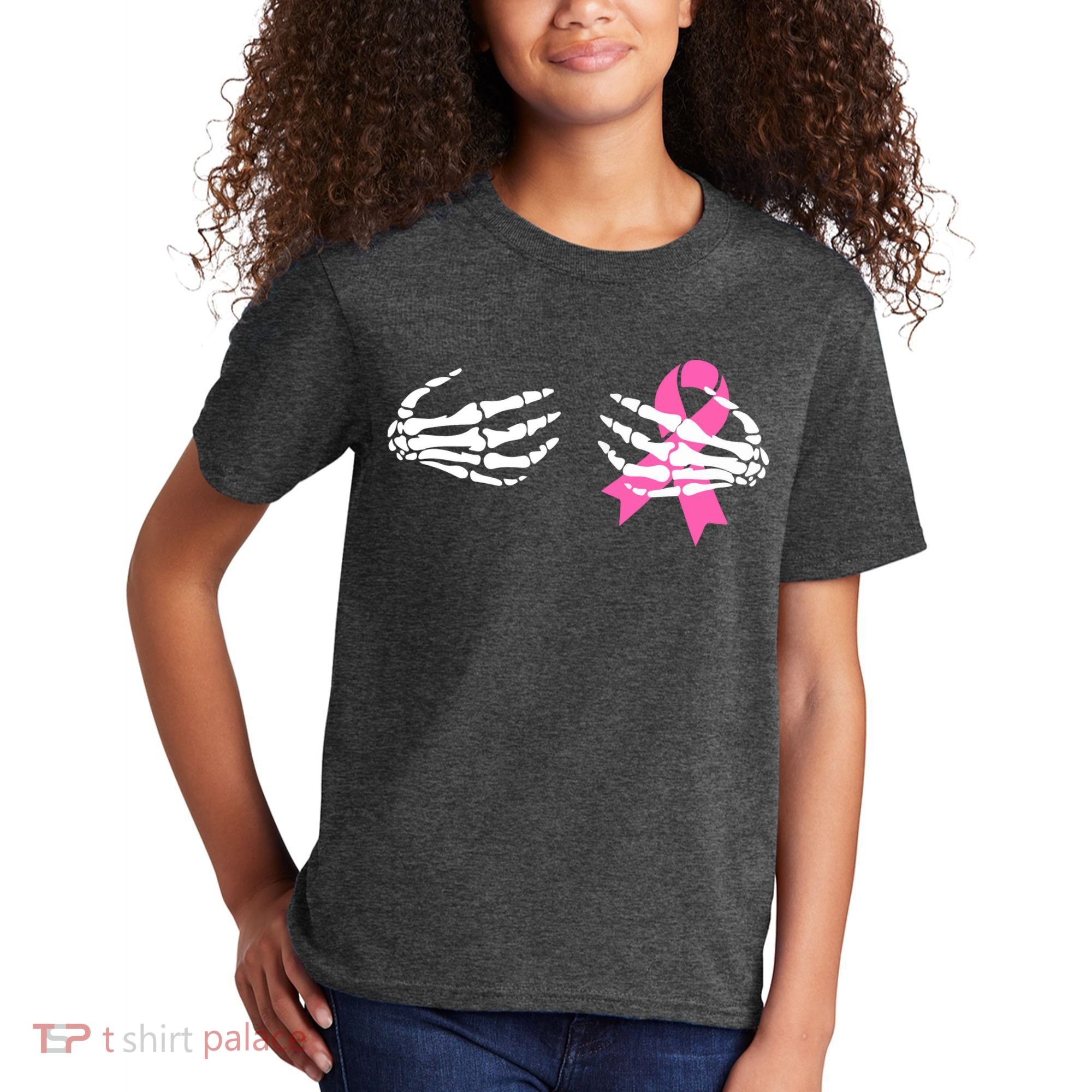 Funny Skeleton Hands Breast Cancer Awareness Pink Ribbon Gift Kids T-Shirt