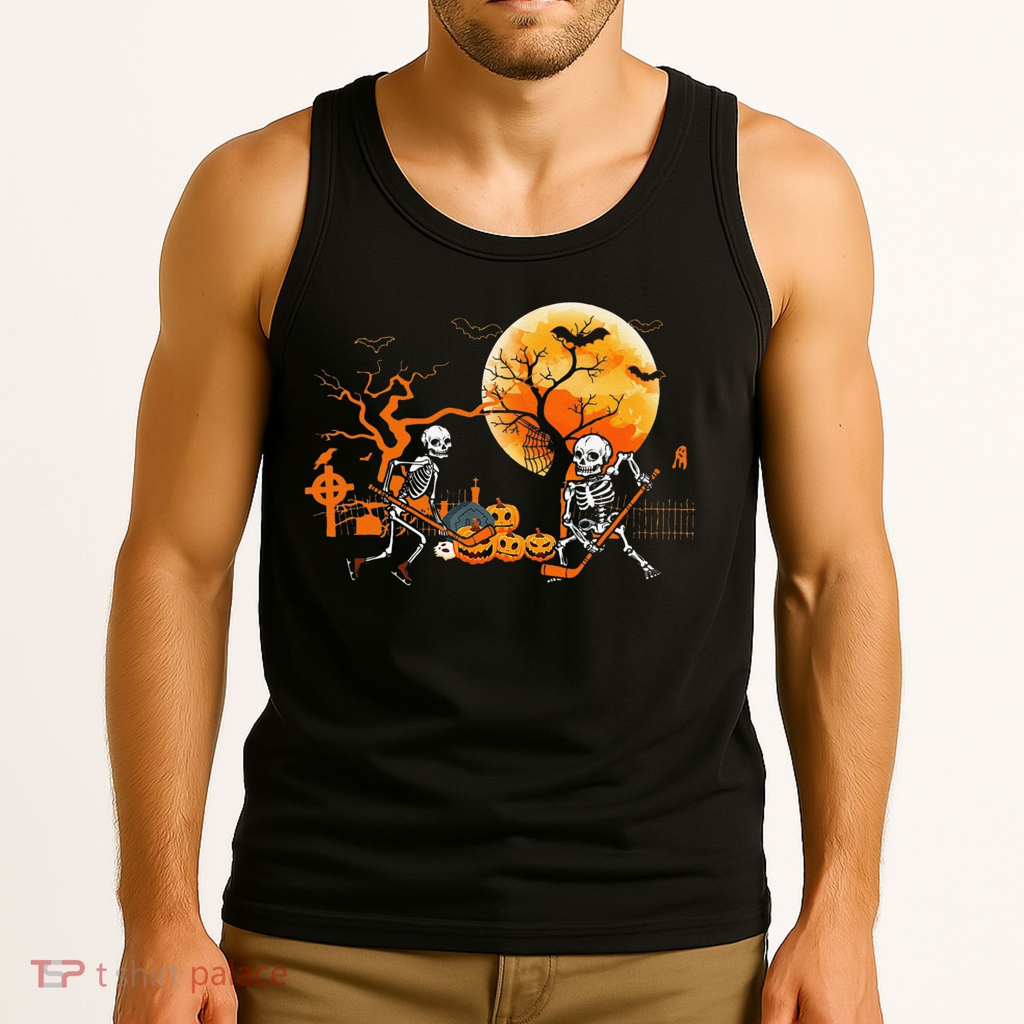 Funny Skeleton Hockey Pumpin Spooky Halloween Costume Tank Top