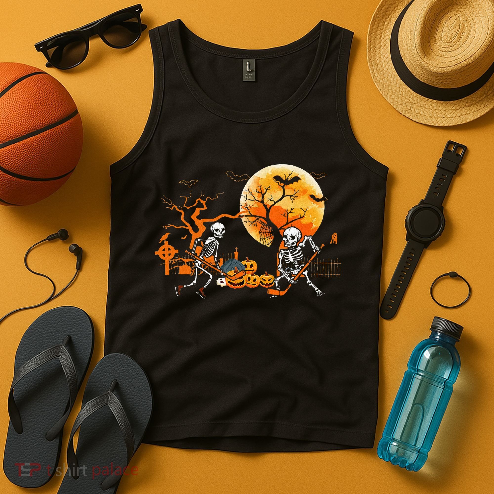 Funny Skeleton Hockey Pumpin Spooky Halloween Costume Tank Top