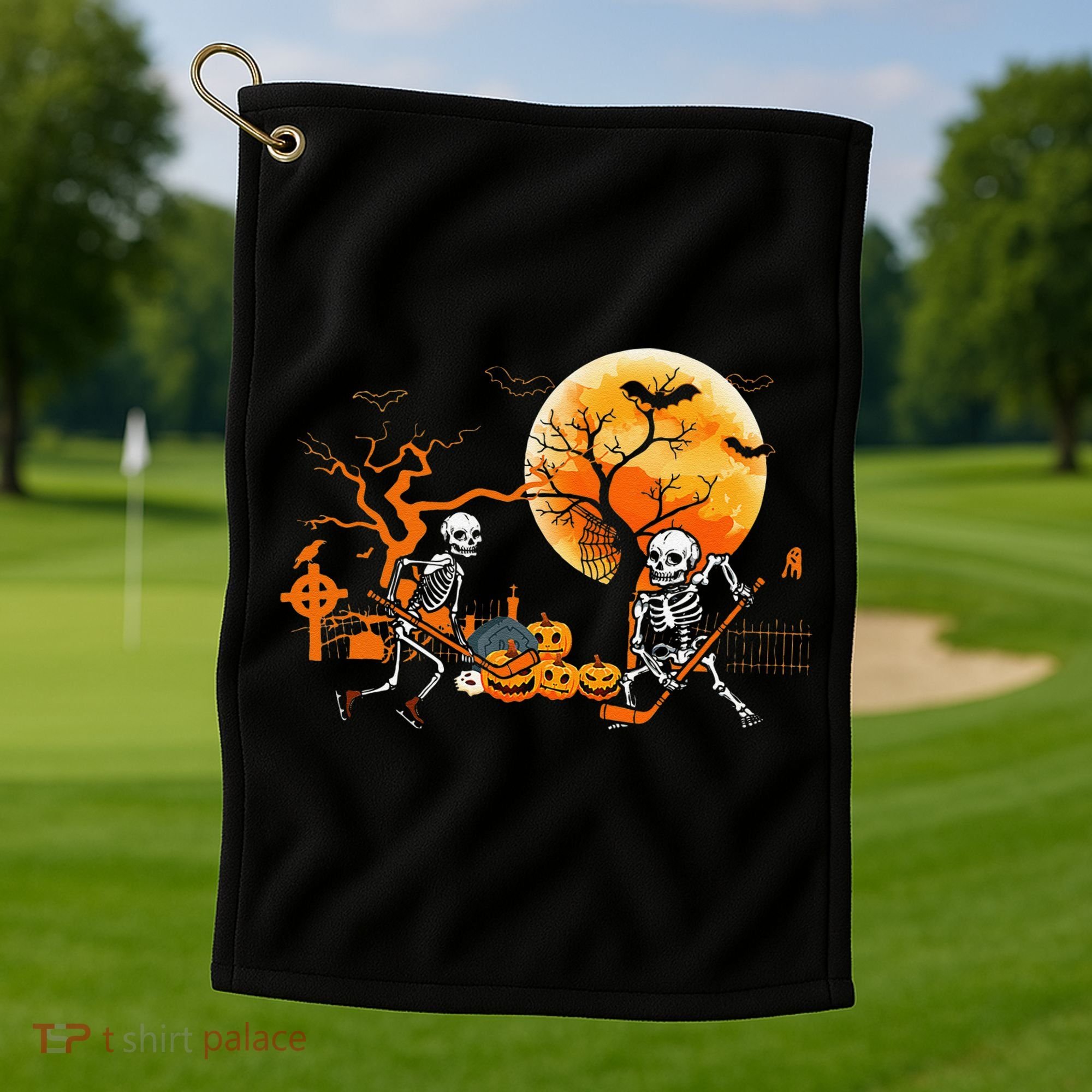 Funny Skeleton Hockey Pumpin Spooky Halloween Costume Golf Towel