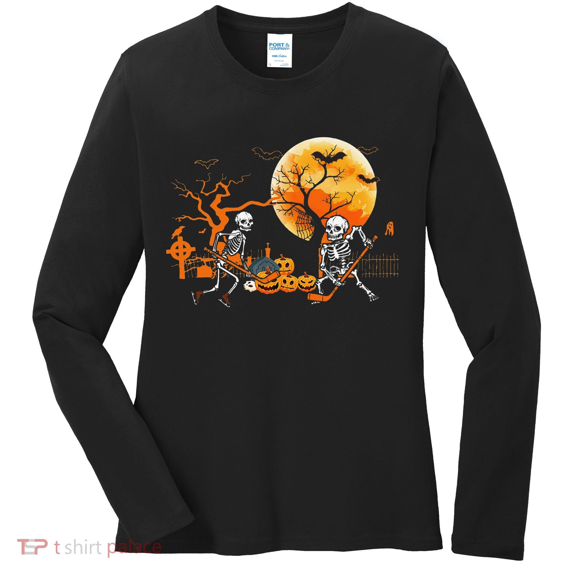 Funny Skeleton Hockey Pumpin Spooky Halloween Costume Women's Long Sleeve Shirt