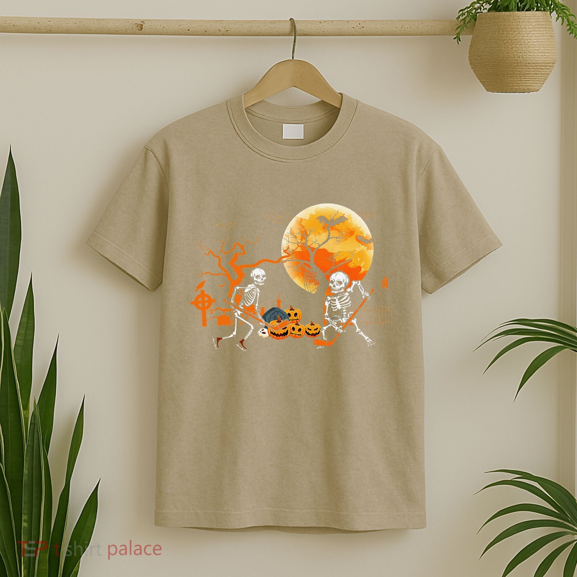 Funny Skeleton Hockey Pumpin Spooky Halloween Costume T-Shirt