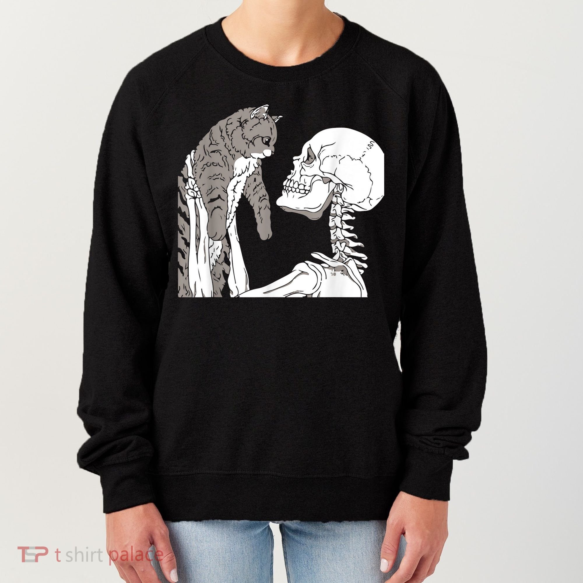 Funny Skeleton Holding A Cat Shirt Lazy Halloween Costume Skull Women's Sweatshirt