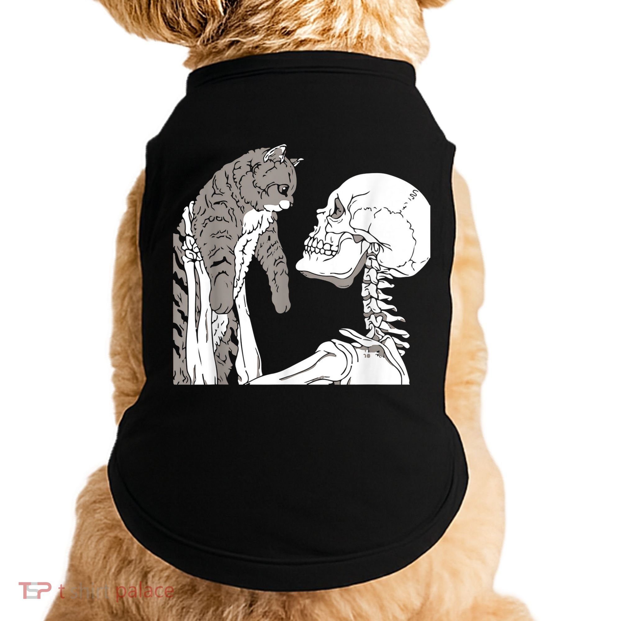 Funny Skeleton Holding A Cat Shirt Lazy Halloween Costume Skull Doggie Tank