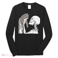 Funny Skeleton Holding A Cat Shirt Lazy Halloween Costume Skull Long Sleeve Shirt thumb 0