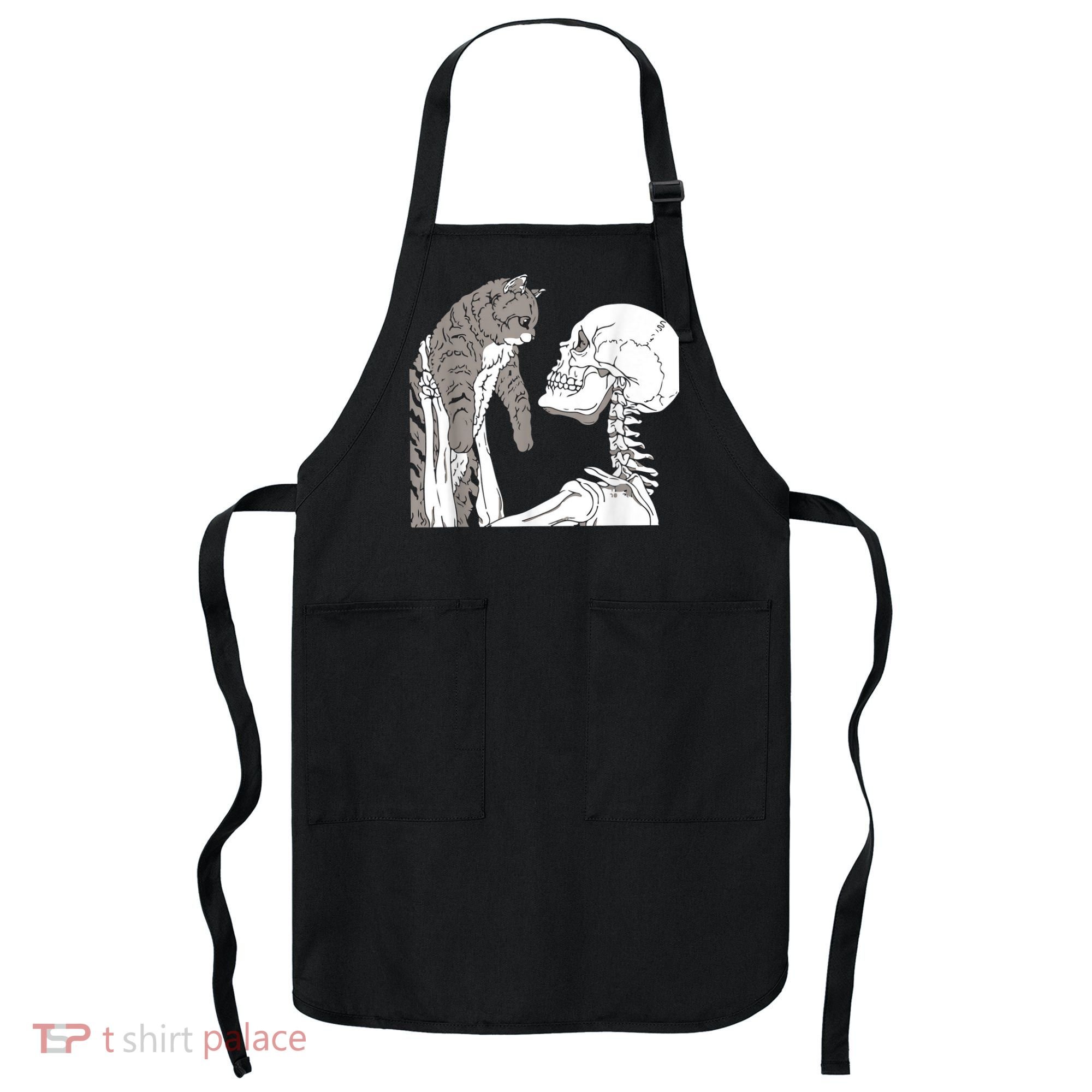 Funny Skeleton Holding A Cat Shirt Lazy Halloween Costume Skull Apron