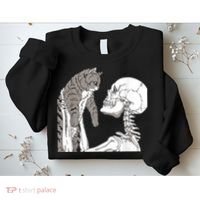 Funny Skeleton Holding A Cat Shirt Lazy Halloween Costume Skull Sweatshirt thumb 2