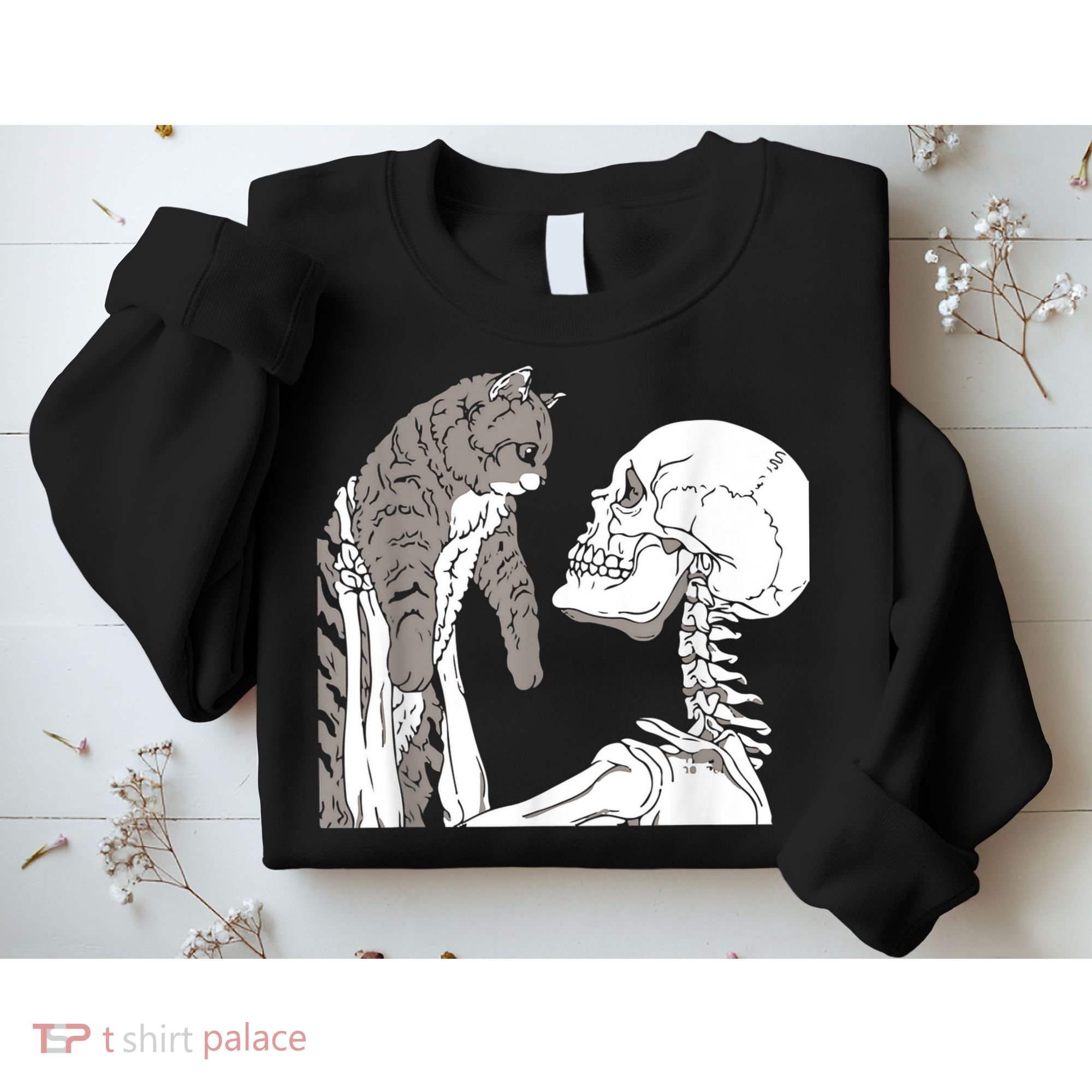 Funny Skeleton Holding A Cat Shirt Lazy Halloween Costume Skull Sweatshirt