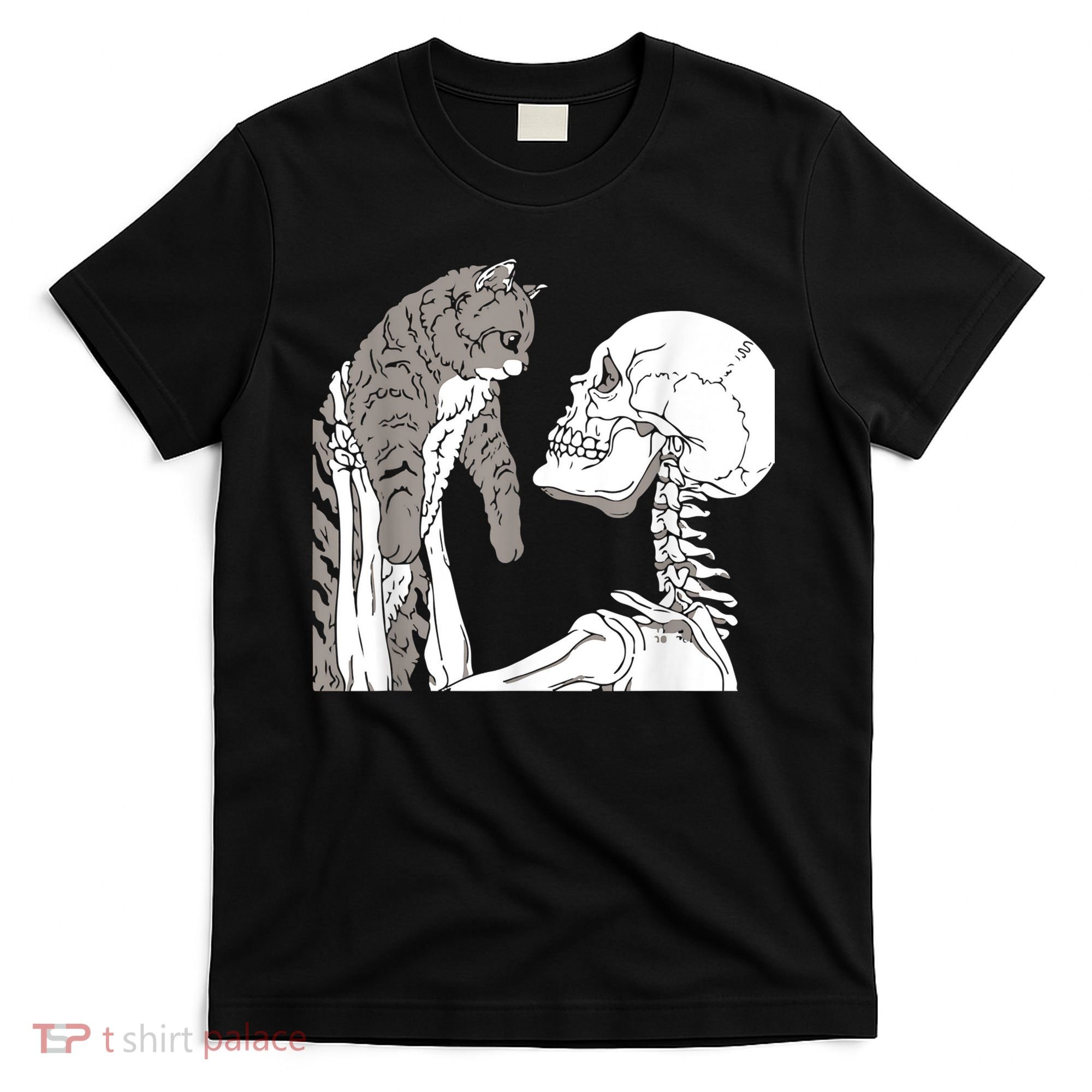 Funny Skeleton Holding A Cat Shirt Lazy Halloween Costume Skull T-Shirt