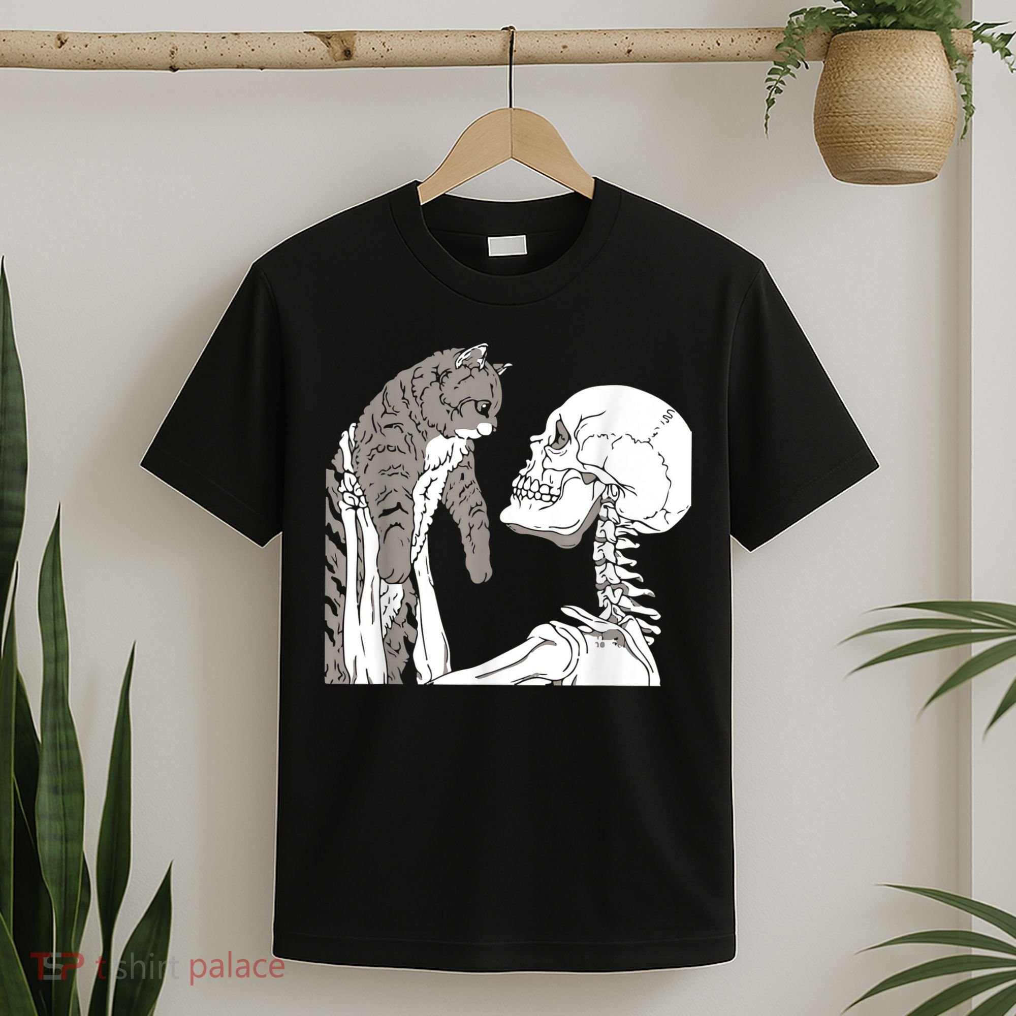 Funny Skeleton Holding A Cat Shirt Lazy Halloween Costume Skull T-Shirt