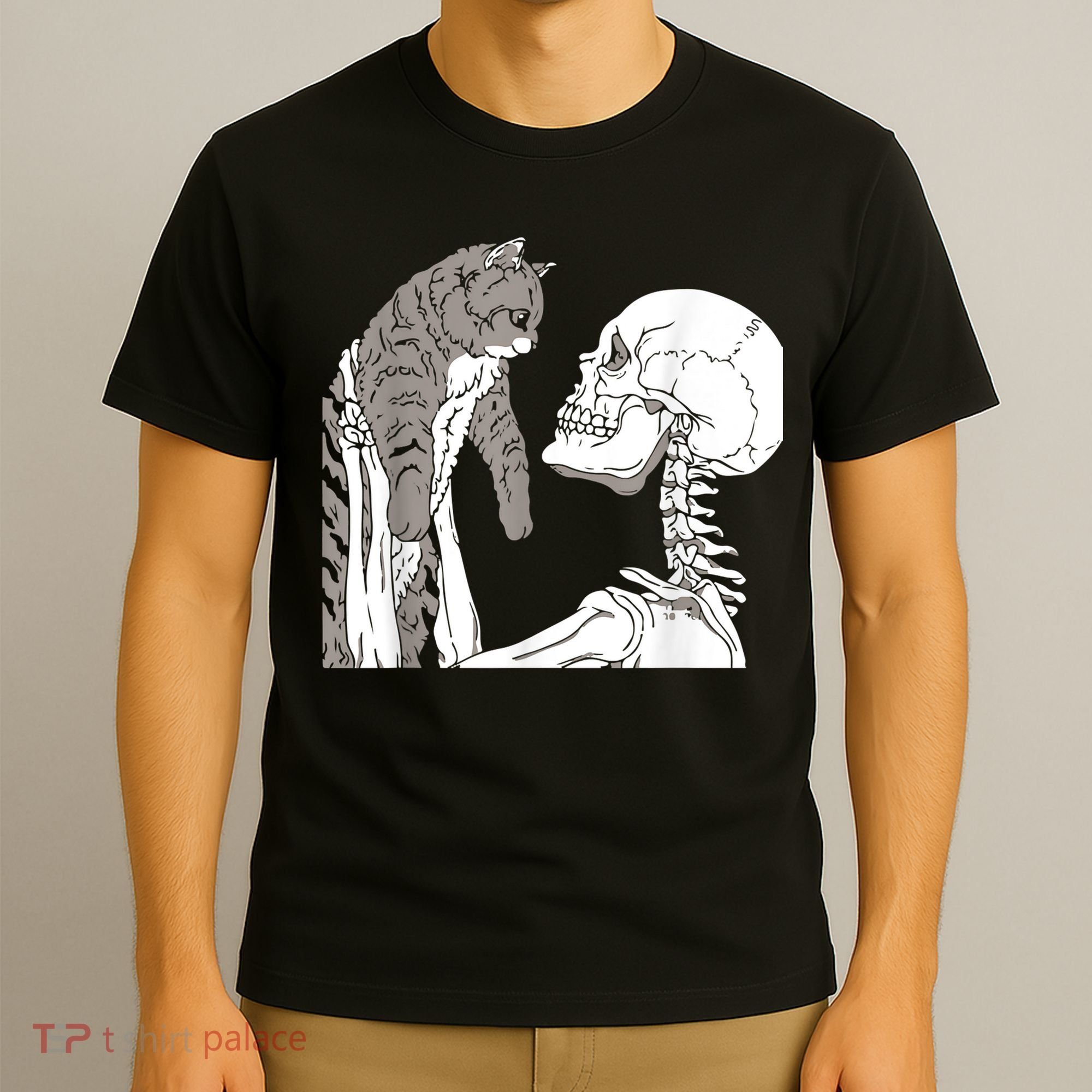 Funny Skeleton Holding A Cat Shirt Lazy Halloween Costume Skull T-Shirt