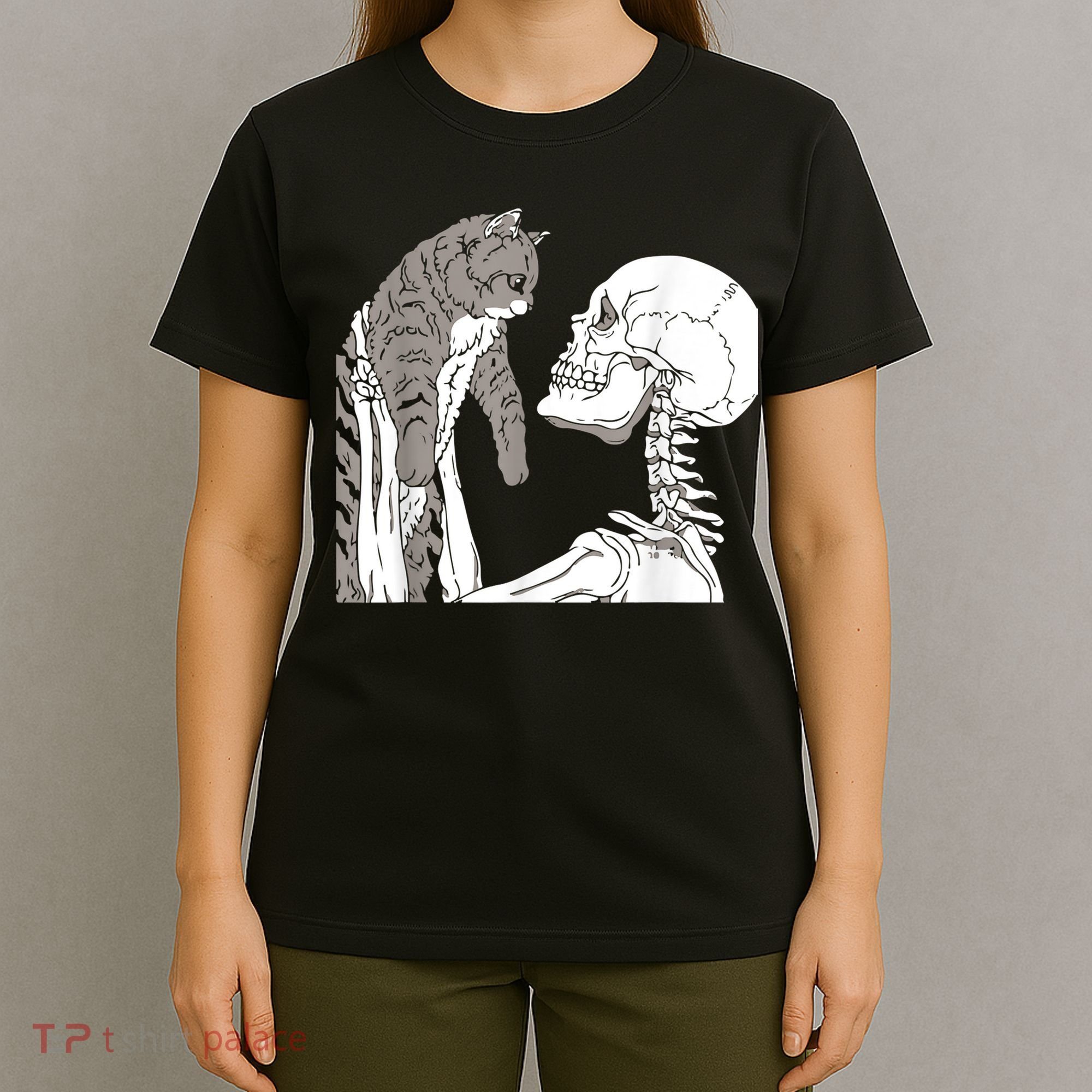 Funny Skeleton Holding A Cat Shirt Lazy Halloween Costume Skull T-Shirt