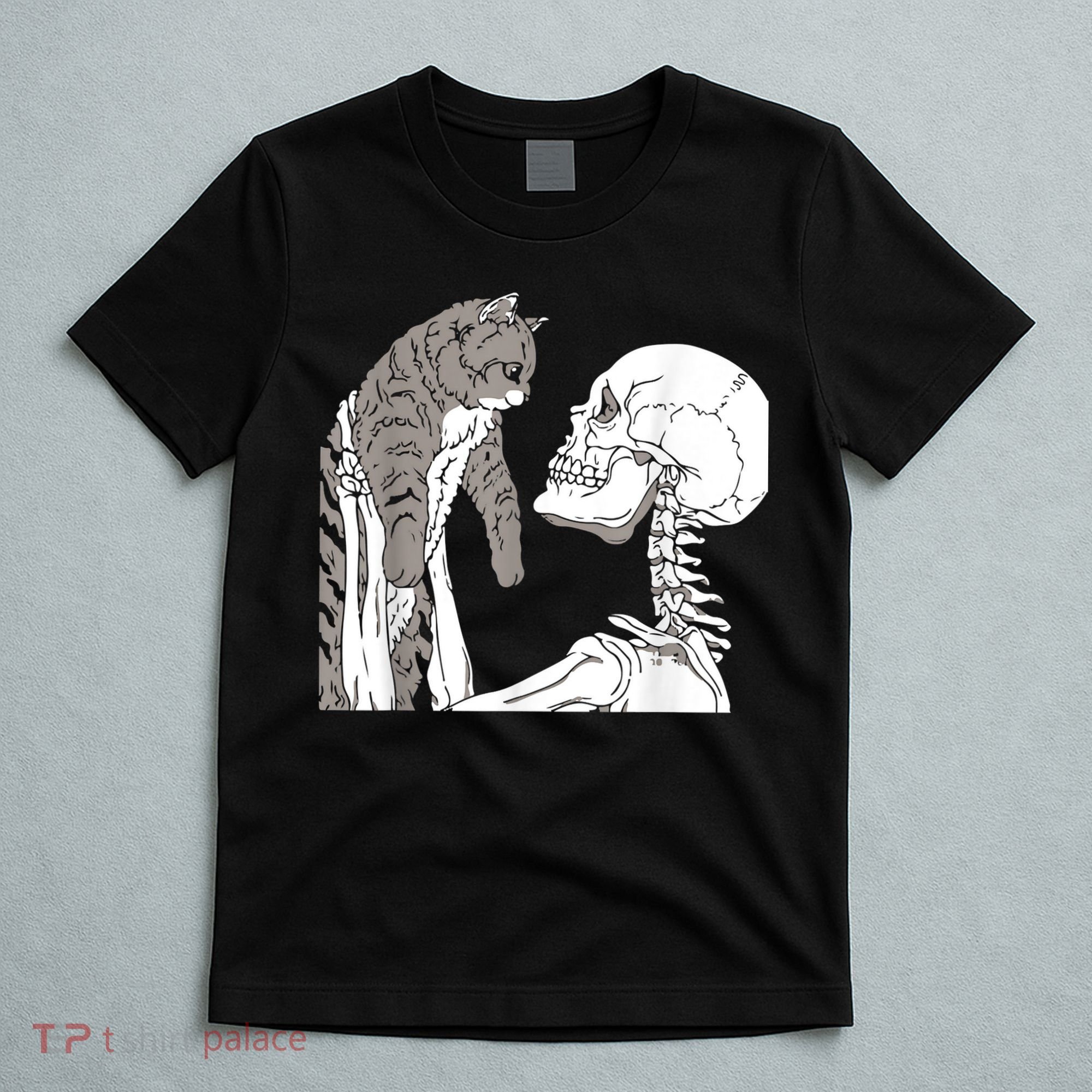 Funny Skeleton Holding A Cat Shirt Lazy Halloween Costume Skull T-Shirt