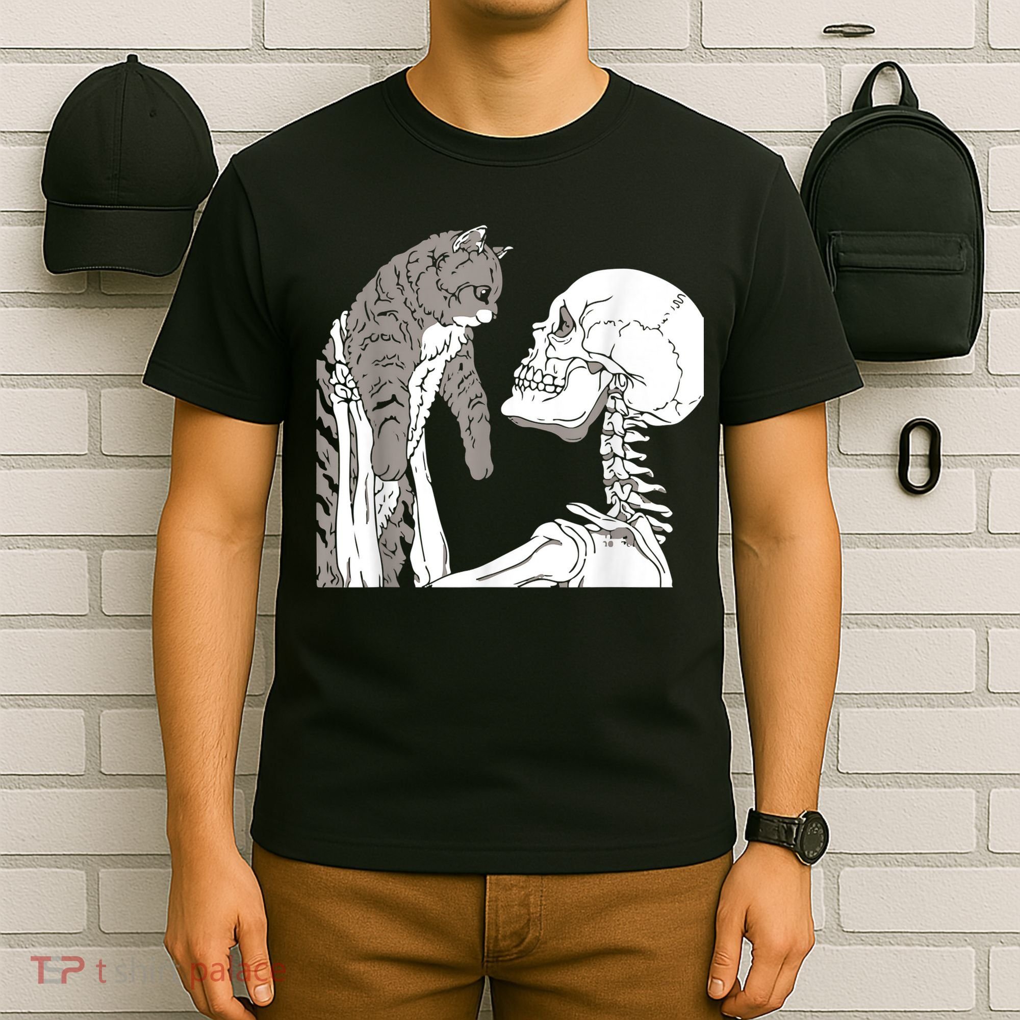 Funny Skeleton Holding A Cat Shirt Lazy Halloween Costume Skull T-Shirt
