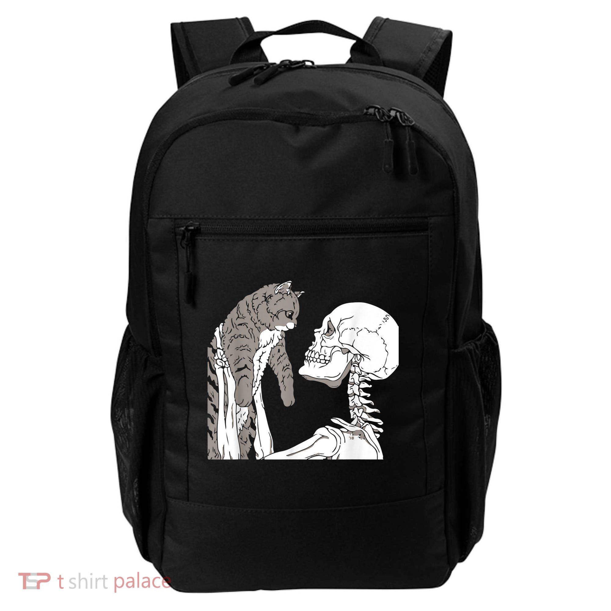 Funny Skeleton Holding A Cat Shirt Lazy Halloween Costume Skull Backpack