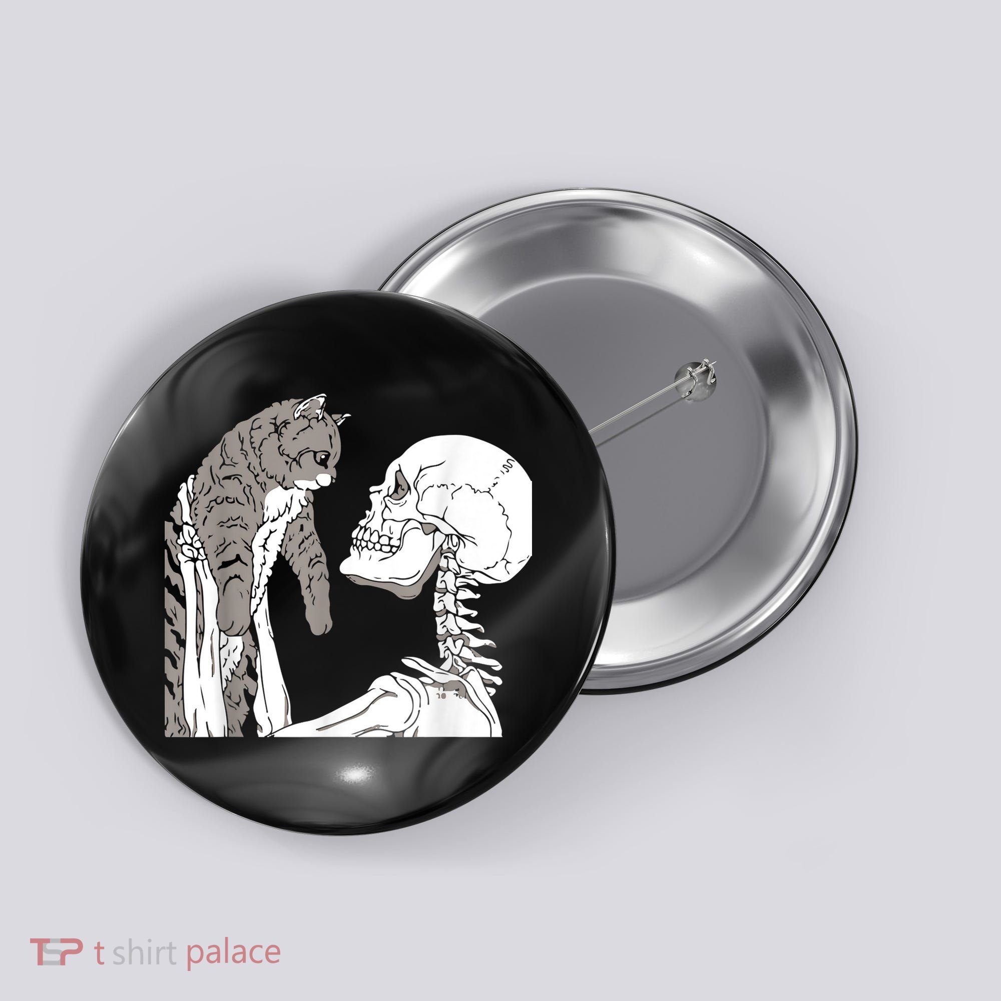 Funny Skeleton Holding A Cat Shirt Lazy Halloween Costume Skull Button