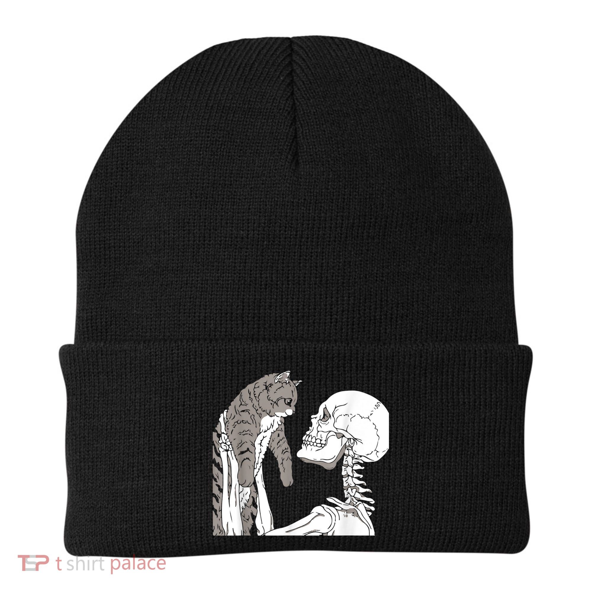 Funny Skeleton Holding A Cat Shirt Lazy Halloween Costume Skull Beanie