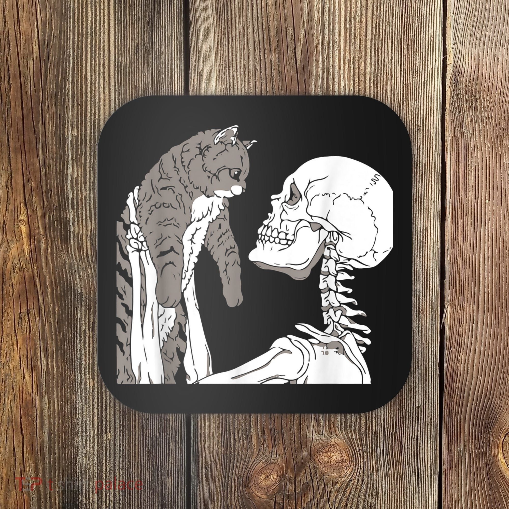 Funny Skeleton Holding A Cat Shirt Lazy Halloween Costume Skull Coaster