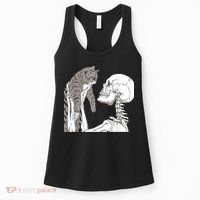 Funny Skeleton Holding A Cat Shirt Lazy Halloween Costume Skull Women's Tank Top thumb 0