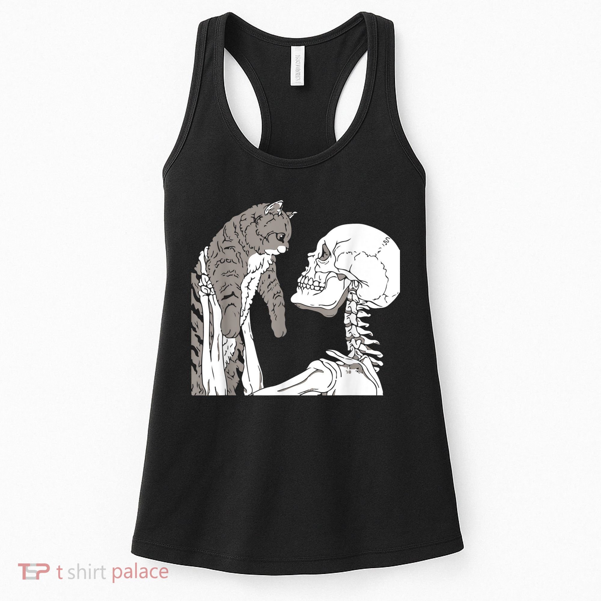 Funny Skeleton Holding A Cat Shirt Lazy Halloween Costume Skull Women's Tank Top