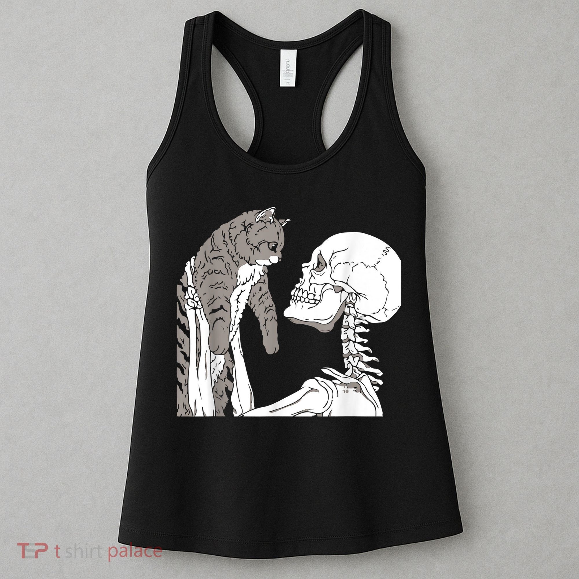 Funny Skeleton Holding A Cat Shirt Lazy Halloween Costume Skull Women's Tank Top
