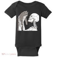 Funny Skeleton Holding A Cat Shirt Lazy Halloween Costume Skull Baby Bodysuit thumb 0