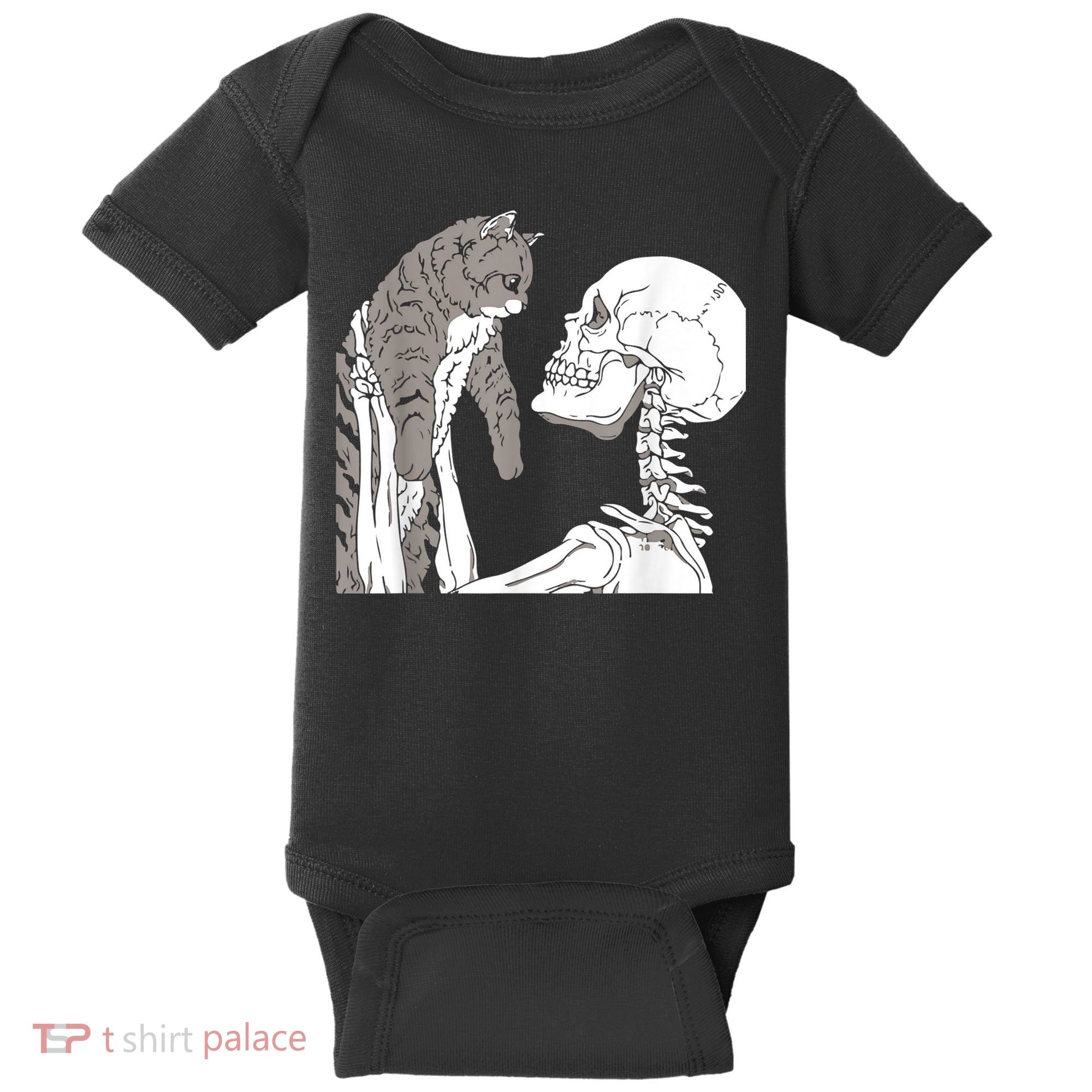 Funny Skeleton Holding A Cat Shirt Lazy Halloween Costume Skull Baby Bodysuit