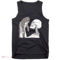 Funny Skeleton Holding A Cat Shirt Lazy Halloween Costume Skull Tank Top thumb 0