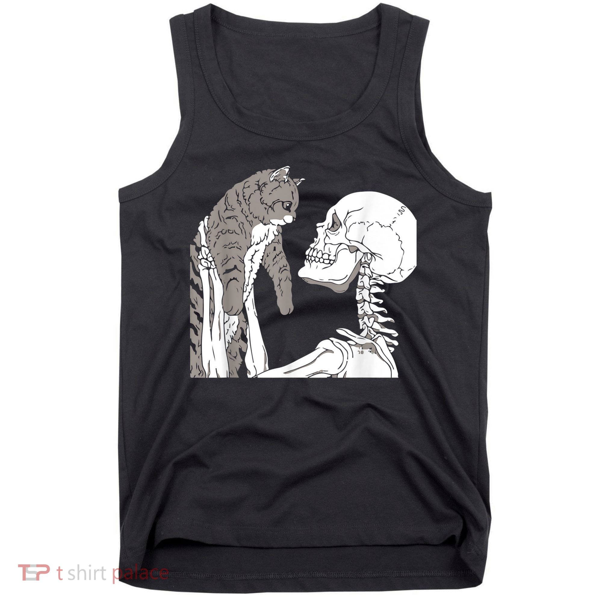 Funny Skeleton Holding A Cat Shirt Lazy Halloween Costume Skull Tank Top
