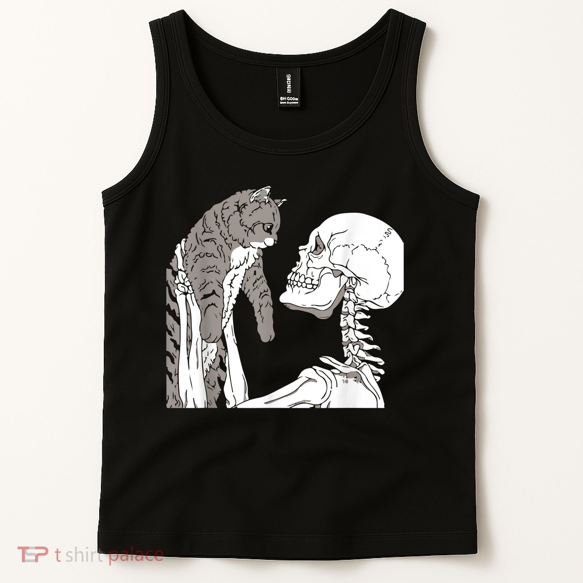 Funny Skeleton Holding A Cat Shirt Lazy Halloween Costume Skull Tank Top