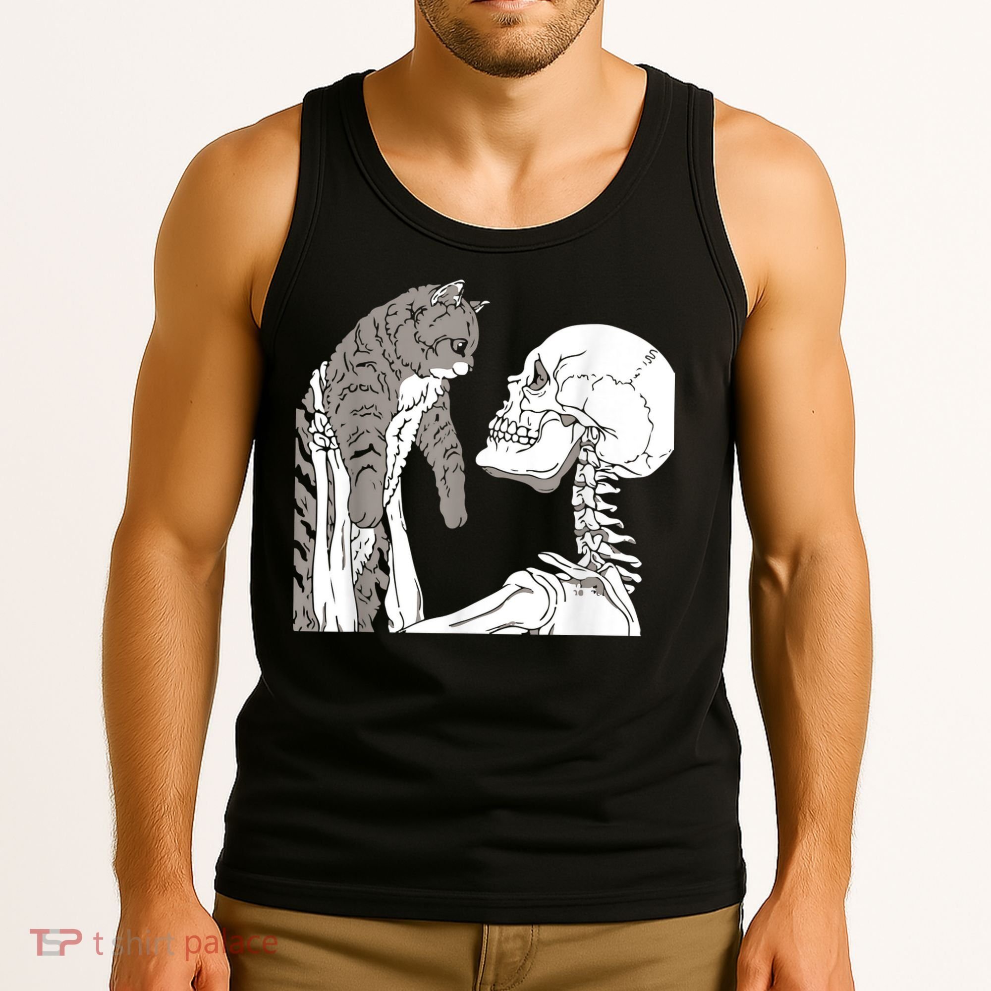 Funny Skeleton Holding A Cat Shirt Lazy Halloween Costume Skull Tank Top