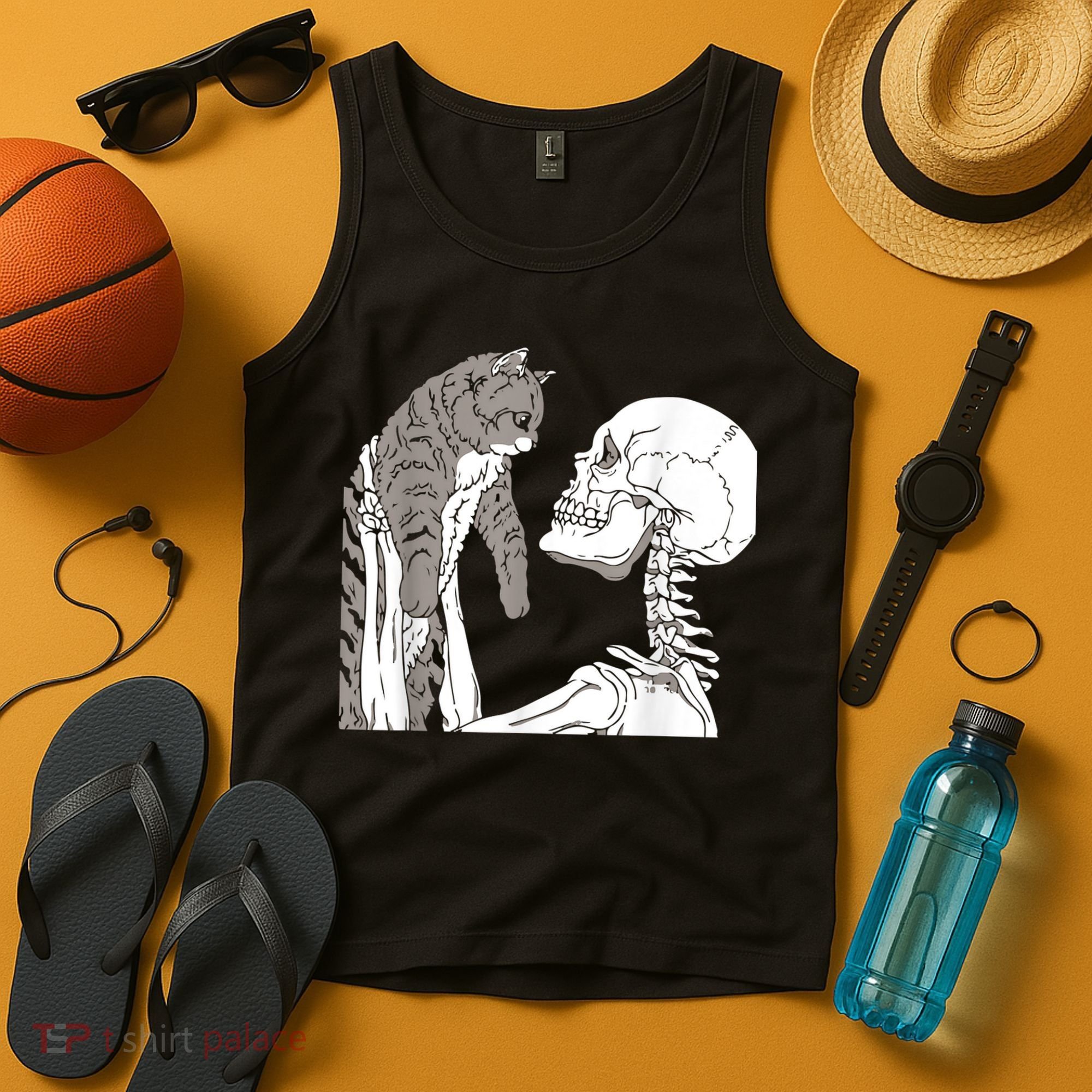 Funny Skeleton Holding A Cat Shirt Lazy Halloween Costume Skull Tank Top