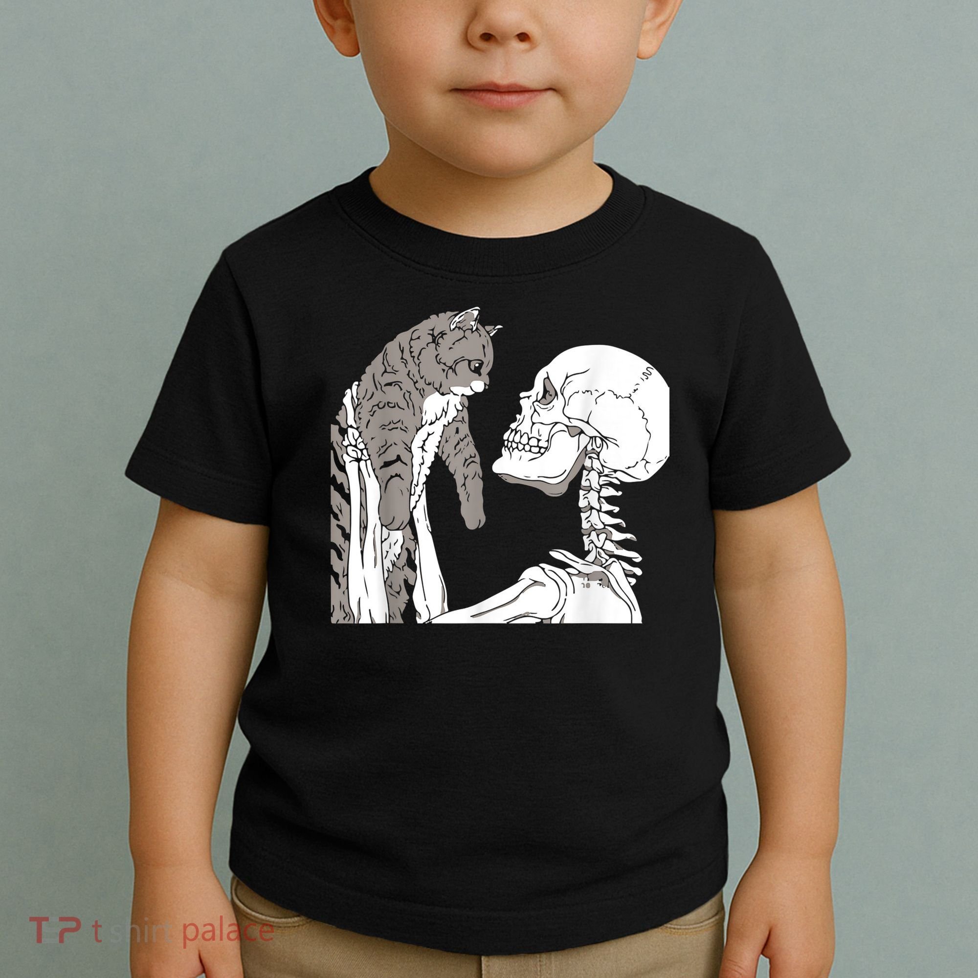 Funny Skeleton Holding A Cat Shirt Lazy Halloween Costume Skull Toddler T-Shirt