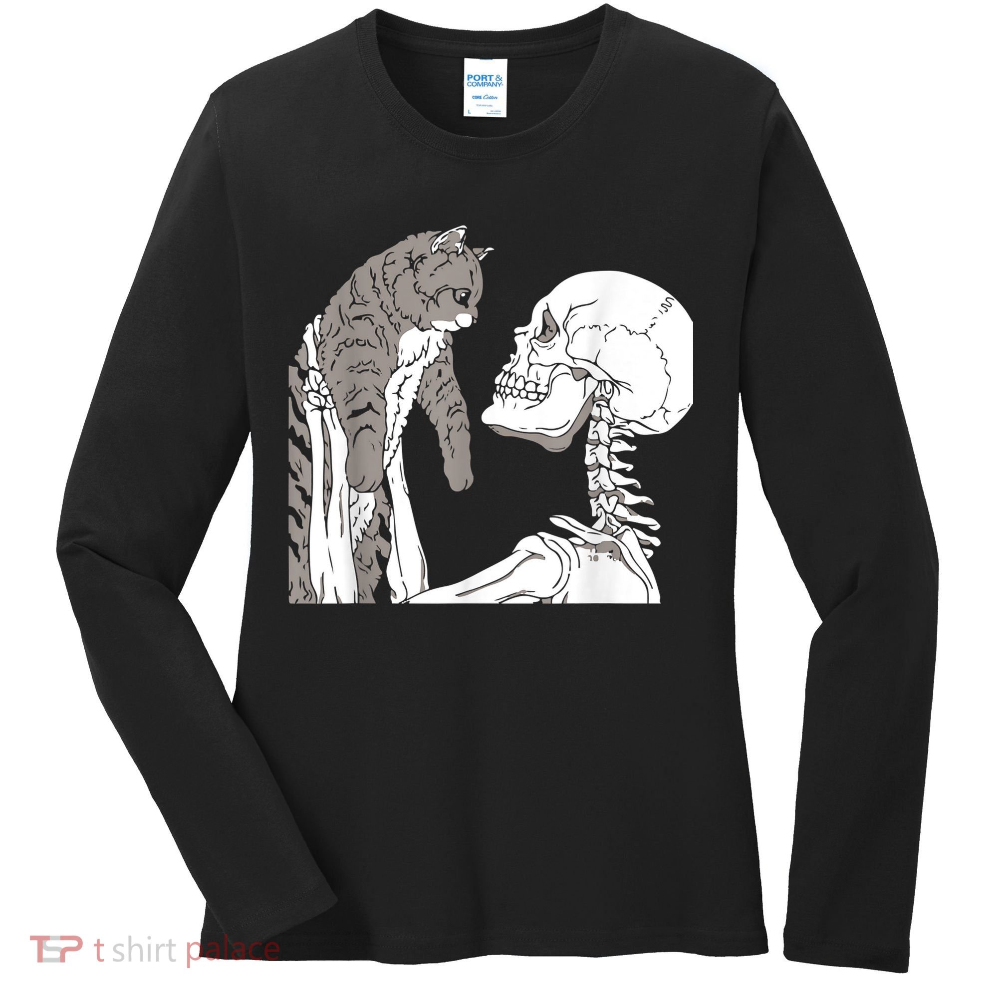 Funny Skeleton Holding A Cat Shirt Lazy Halloween Costume Skull Women's Long Sleeve Shirt