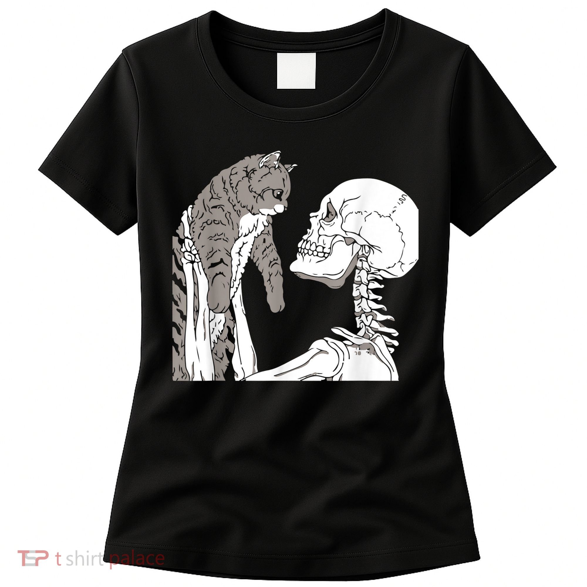 Funny Skeleton Holding A Cat Shirt Lazy Halloween Costume Skull Women's T-Shirt
