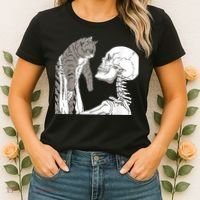 Funny Skeleton Holding A Cat Shirt Lazy Halloween Costume Skull Women's T-Shirt thumb 2