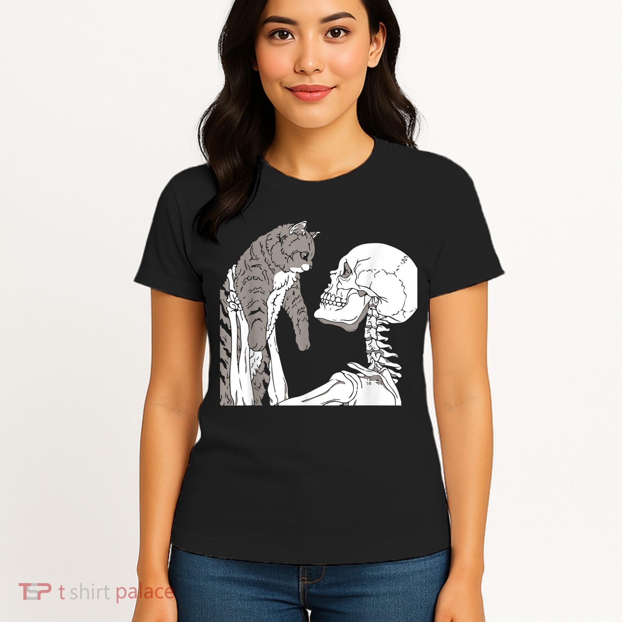 Funny Skeleton Holding A Cat Shirt Lazy Halloween Costume Skull Women's T-Shirt