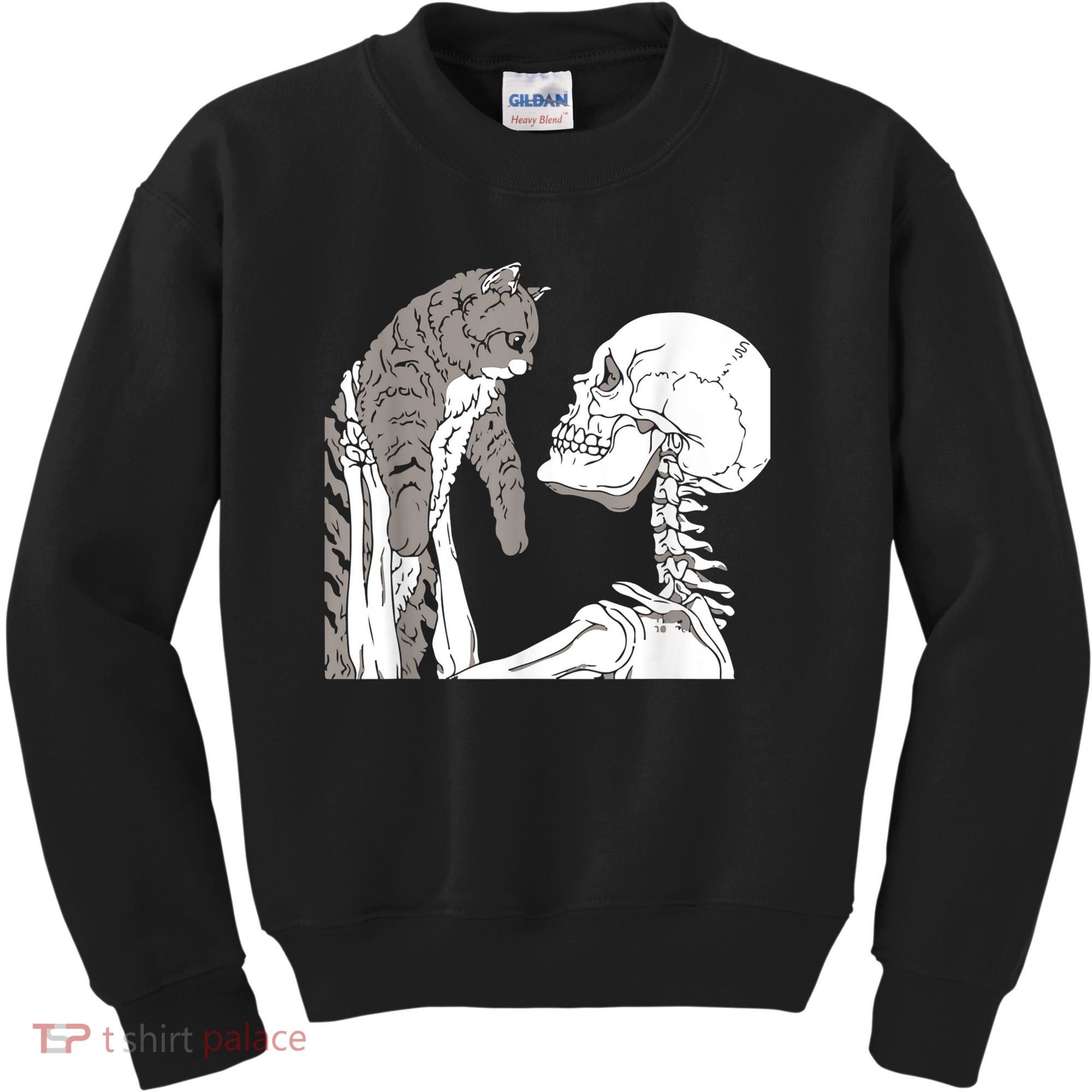 Funny Skeleton Holding A Cat Shirt Lazy Halloween Costume Skull Kids Sweatshirt