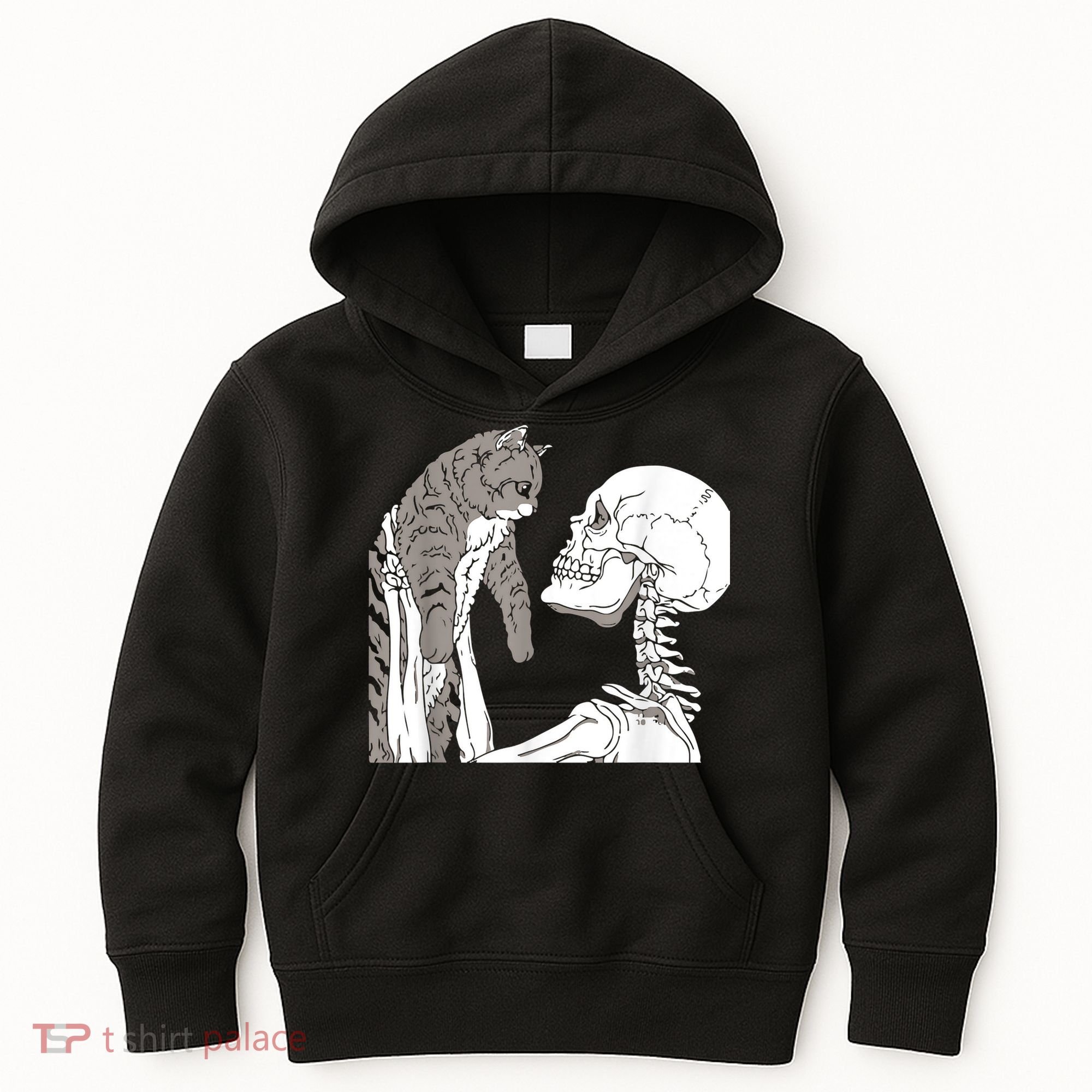Funny Skeleton Holding A Cat Shirt Lazy Halloween Costume Skull Kids Hoodie