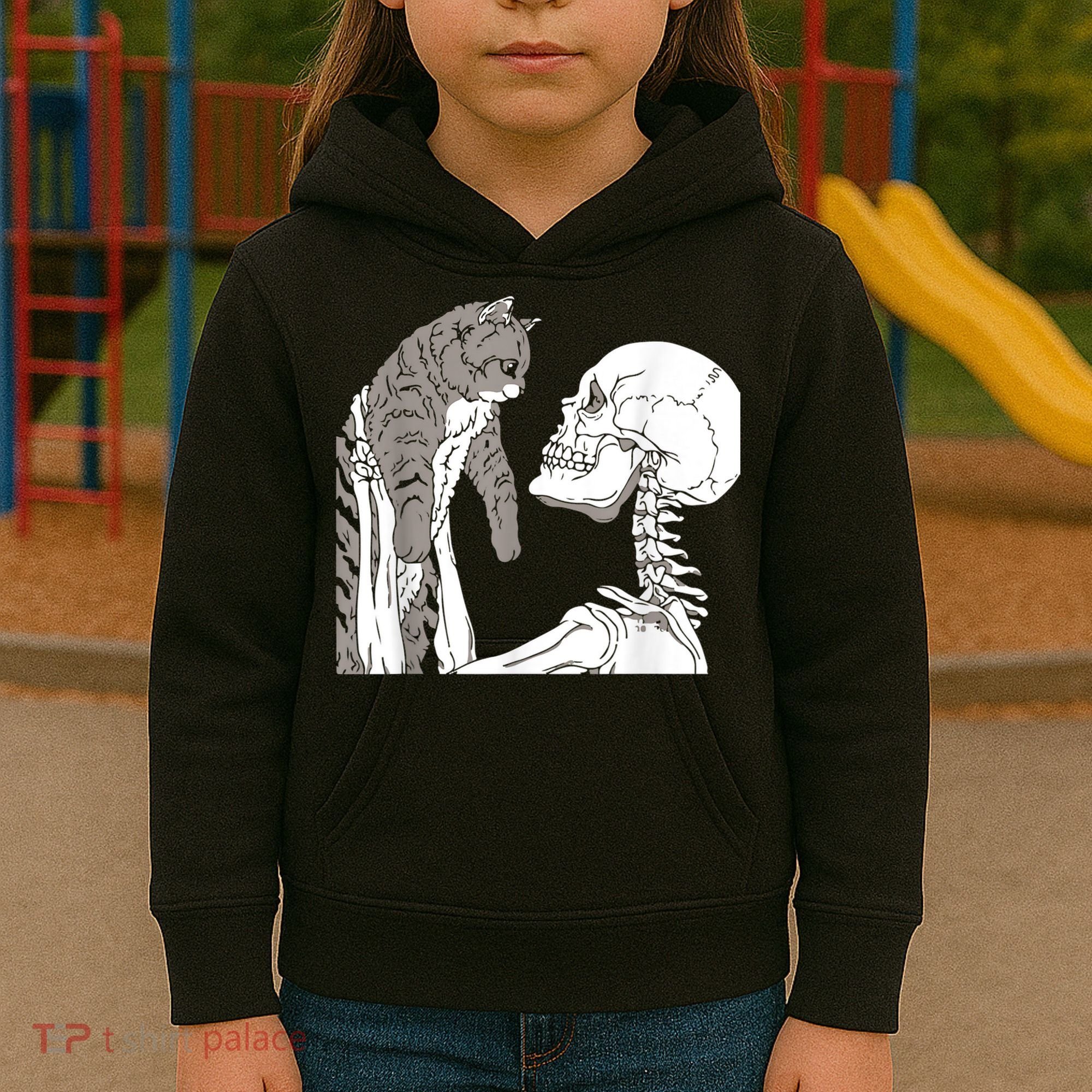 Funny Skeleton Holding A Cat Shirt Lazy Halloween Costume Skull Kids Hoodie