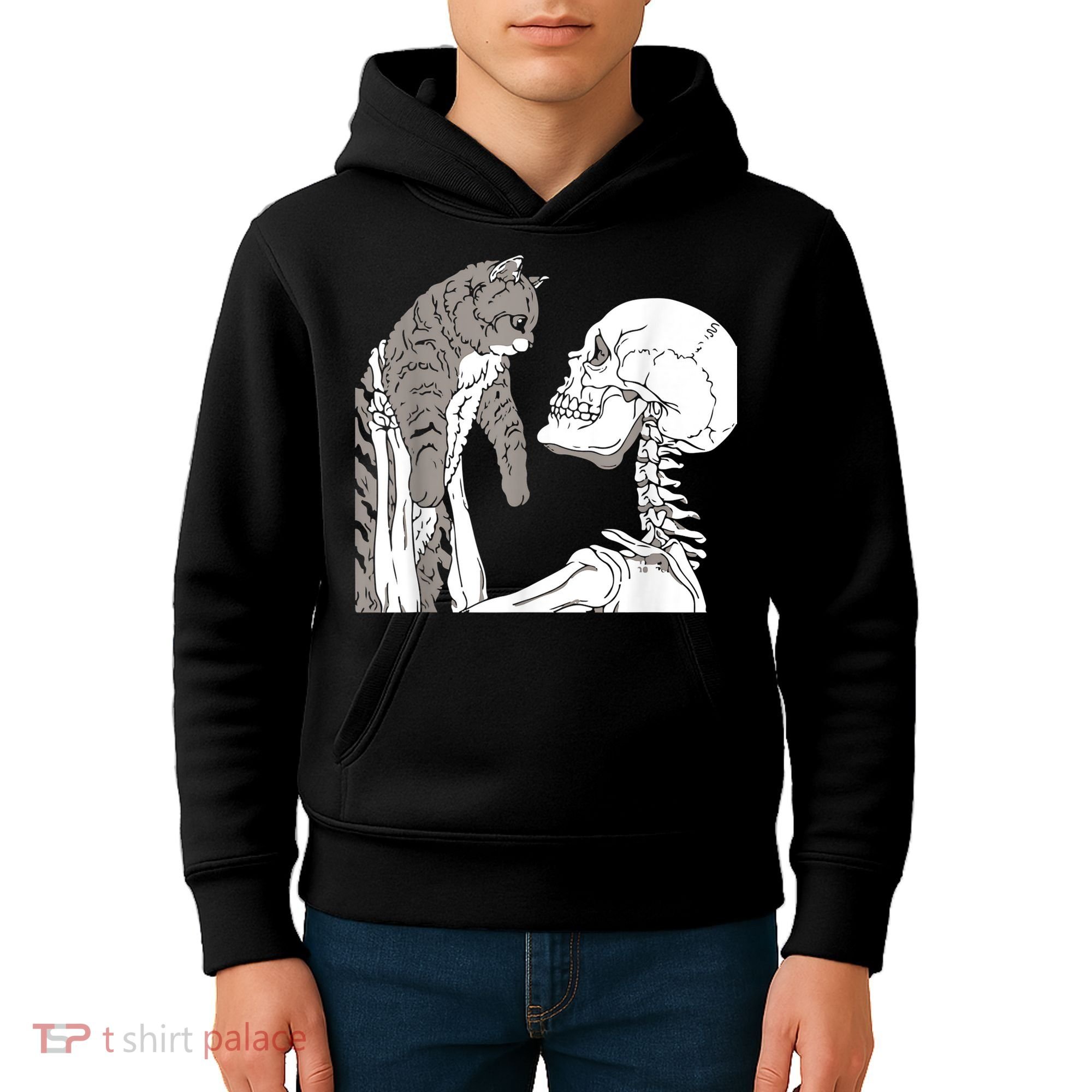 Funny Skeleton Holding A Cat Shirt Lazy Halloween Costume Skull Kids Hoodie
