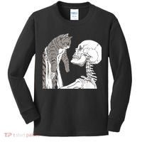Funny Skeleton Holding A Cat Shirt Lazy Halloween Costume Skull Kids Long Sleeve Shirt thumb 0