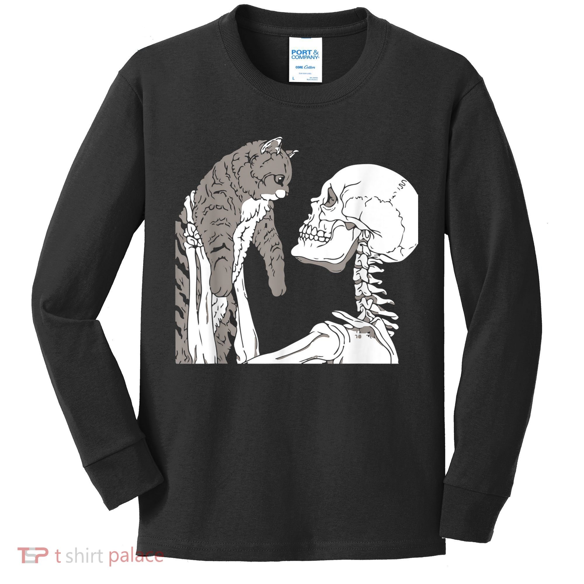 Funny Skeleton Holding A Cat Shirt Lazy Halloween Costume Skull Kids Long Sleeve Shirt